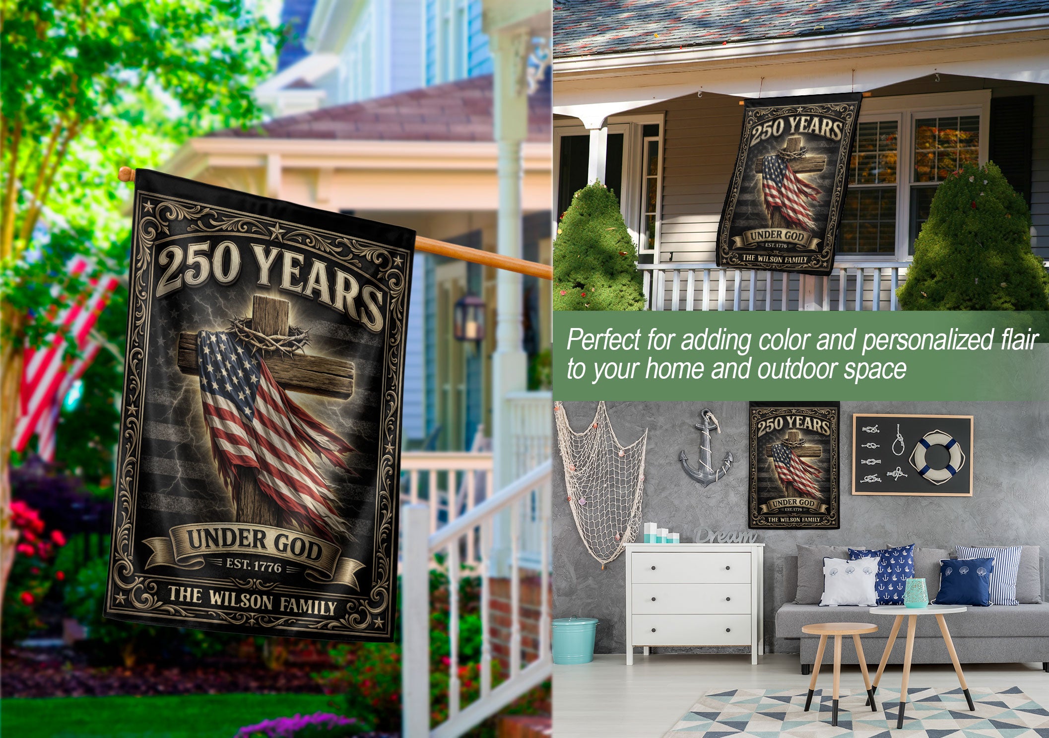 Personalized Family Name Garden Flag 250 Years Under God Cross Patriotic Outdoor Decor