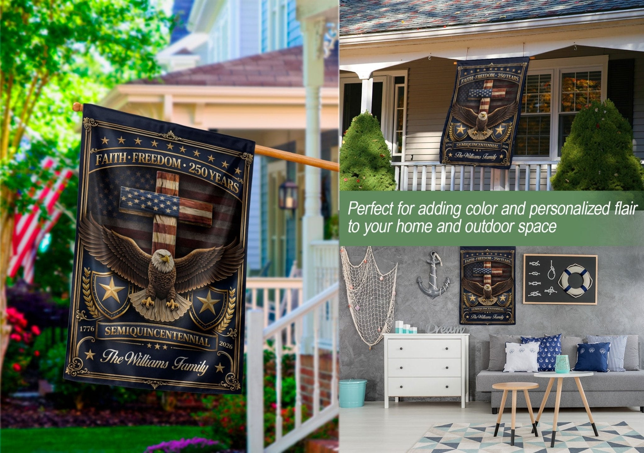 Custom Family Name Garden Flag 250 Years Faith Freedom Eagle Cross 1776–2026 Patriotic Decor - Rust Field Wear