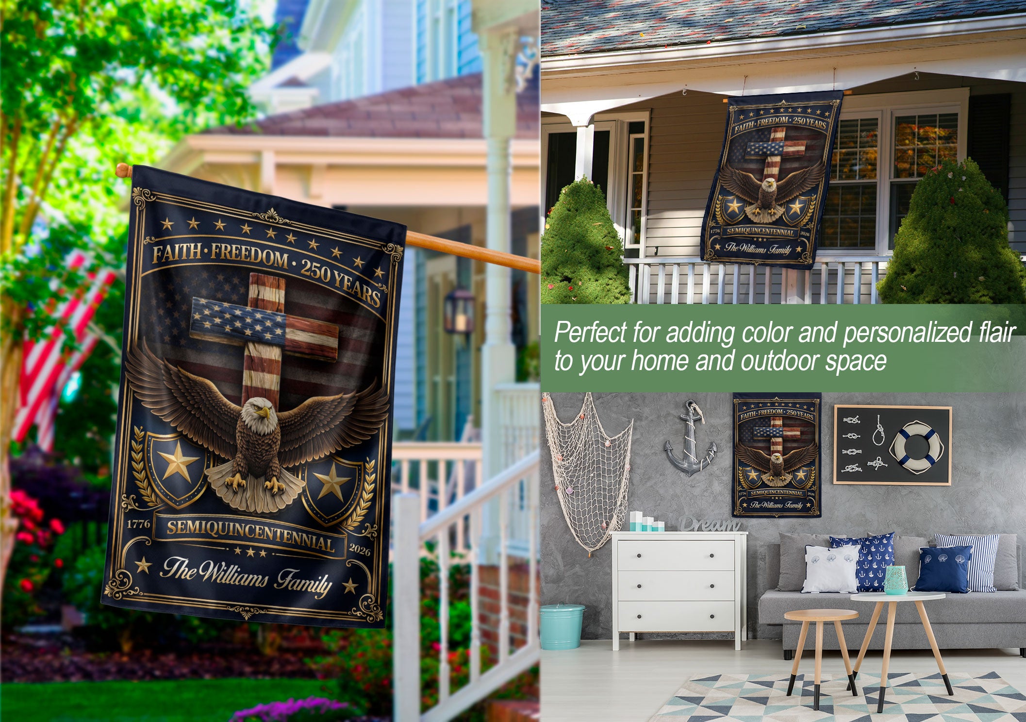 Custom Family Name Garden Flag 250 Years Faith Freedom Eagle Cross 1776–2026 Patriotic Decor