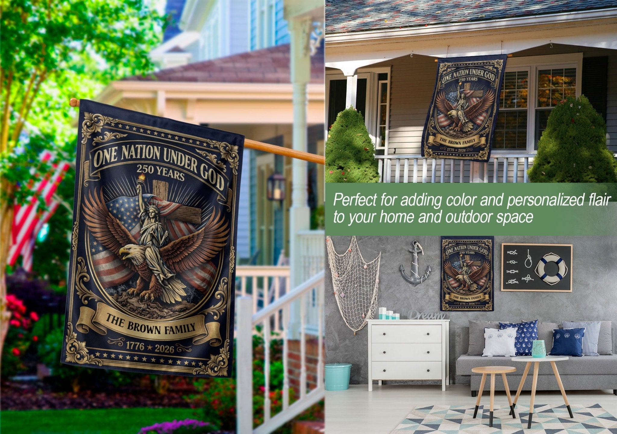 Custom Family Name Garden Flag 250 Years One Nation Under God 1776-2026 Patriotic Decor - Rust Field Wear