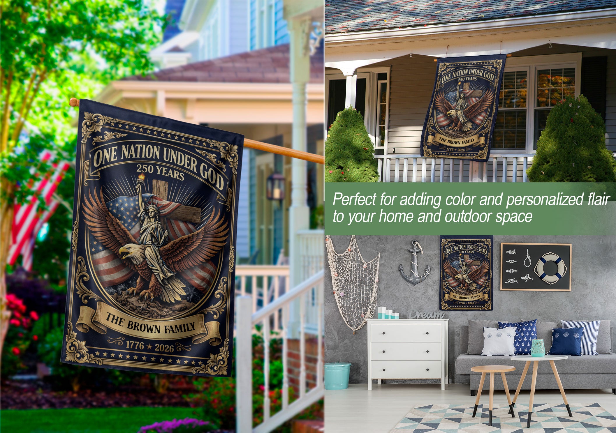 Custom Family Name Garden Flag 250 Years One Nation Under God 1776-2026 Patriotic Decor