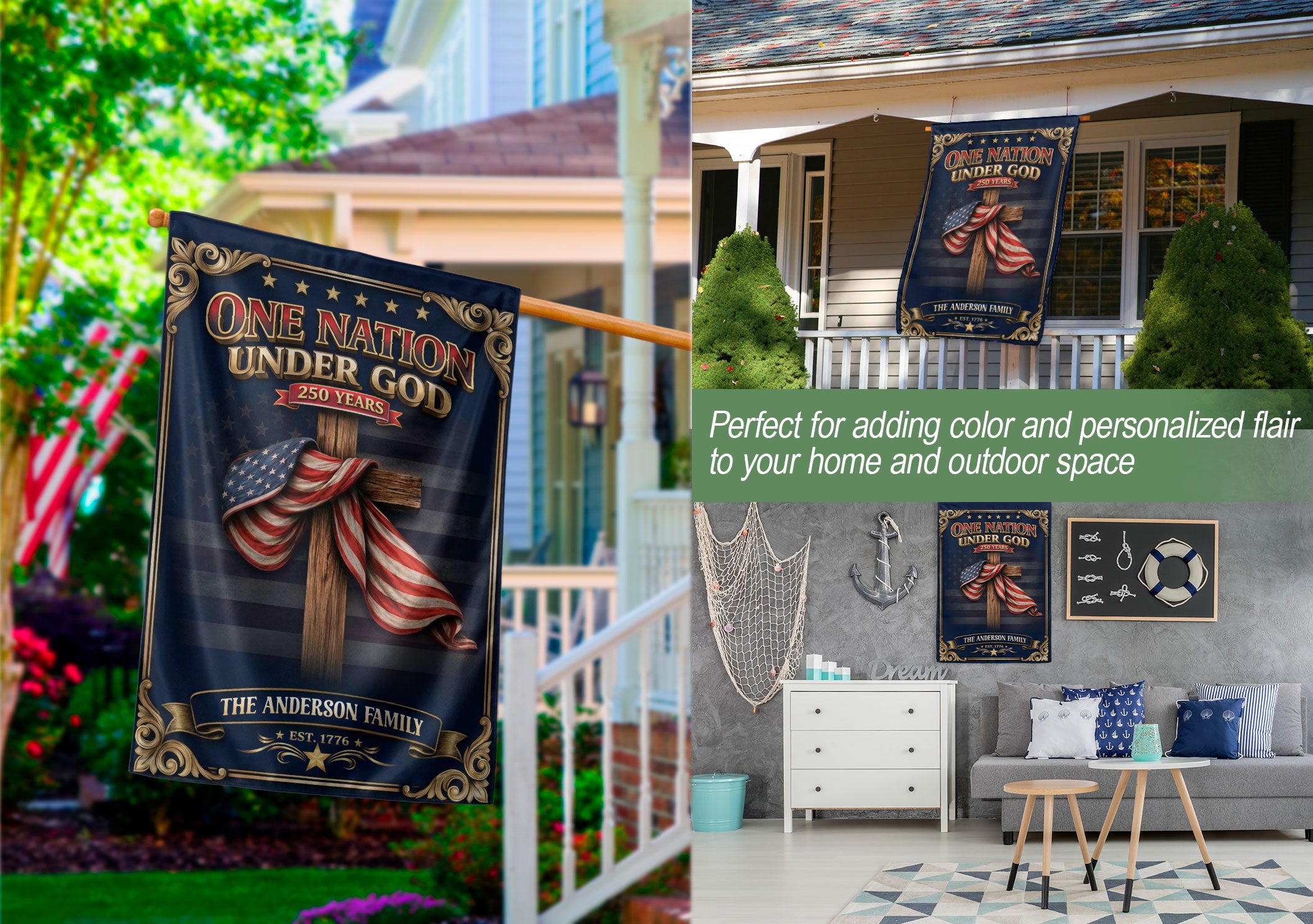 Custom Family Name Garden Flag One Nation Under God 250 Years Patriotic Cross Decor