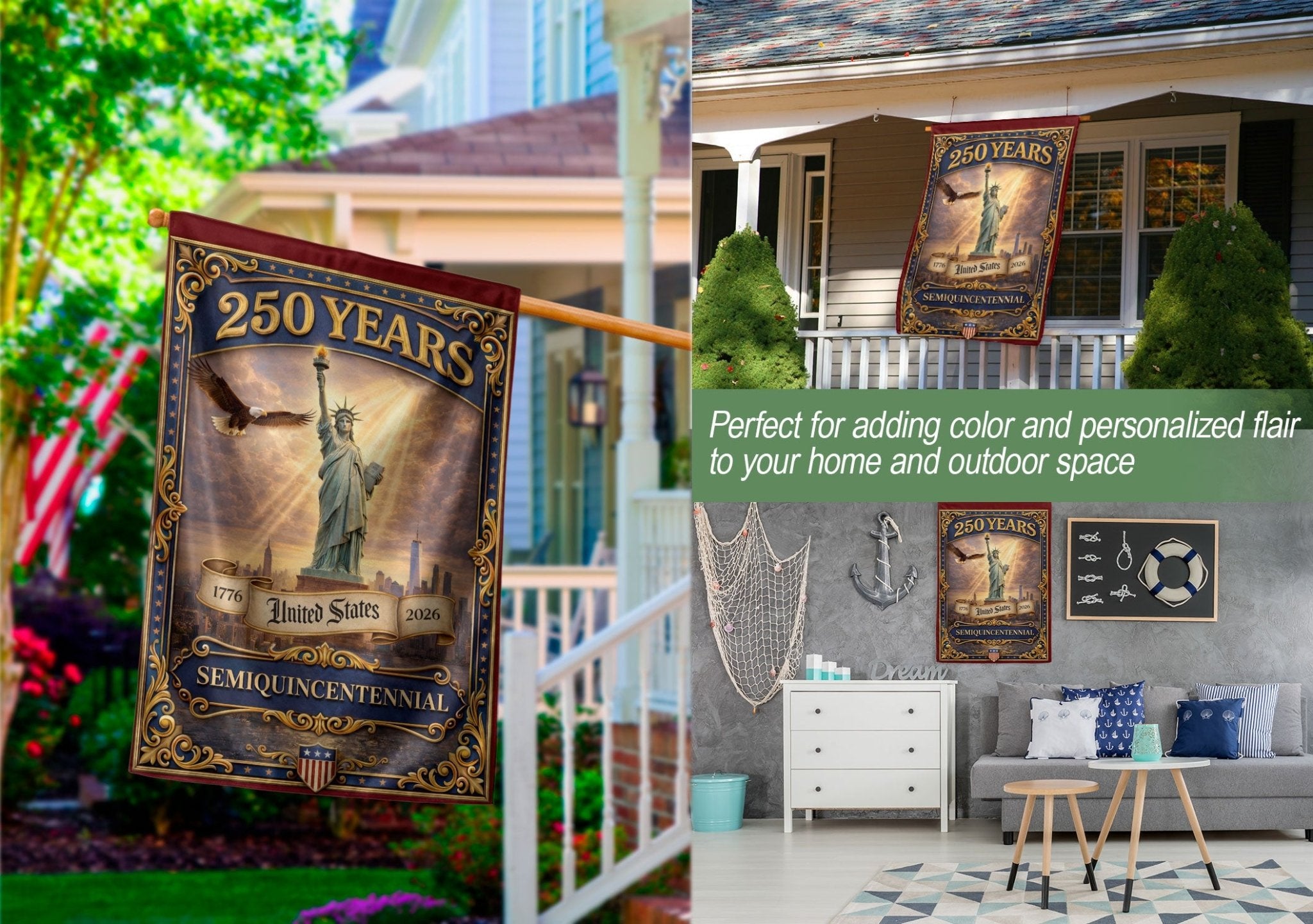 250th Anniversary United States House Flag - Liberty & Eagle Decorative Home Banner - Rust Field Wear