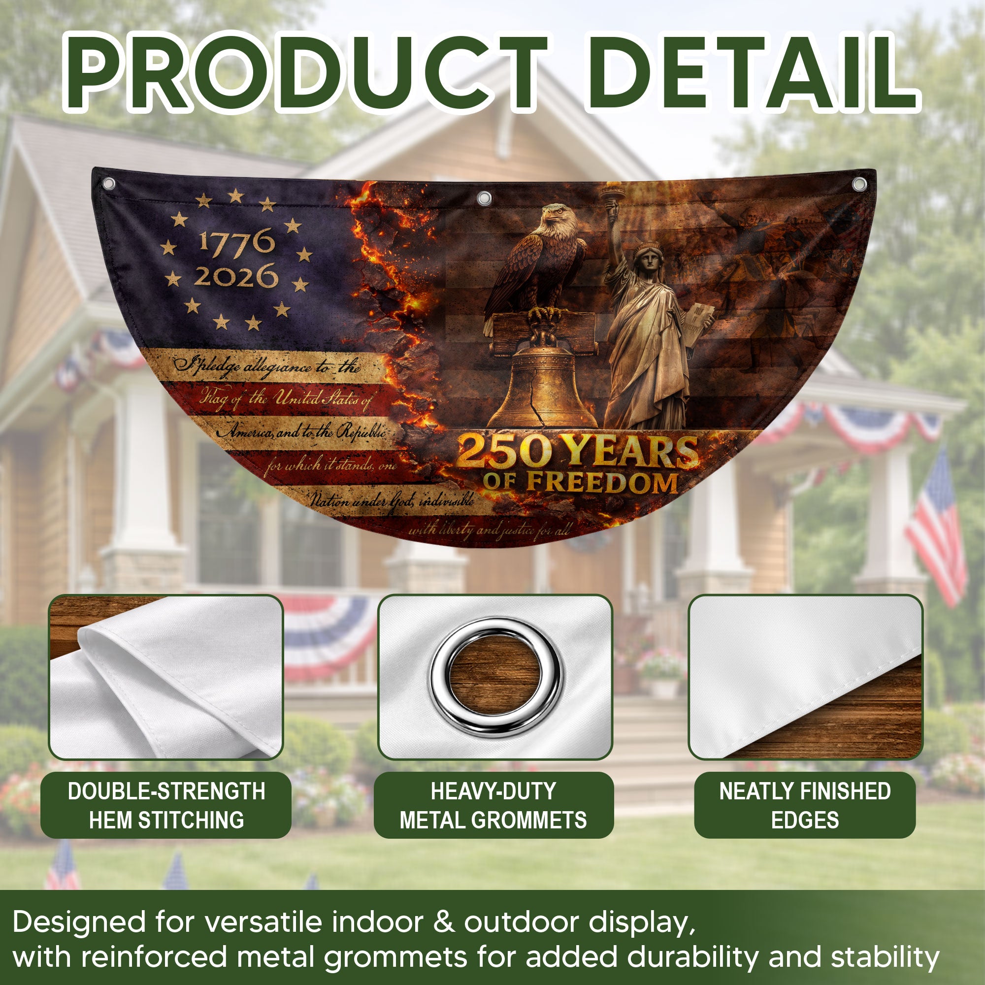 250 Years of Freedom Fence Flag 1776 to 2026 Patriotic Eagle Liberty Bell Statue Outdoor Yard Decor