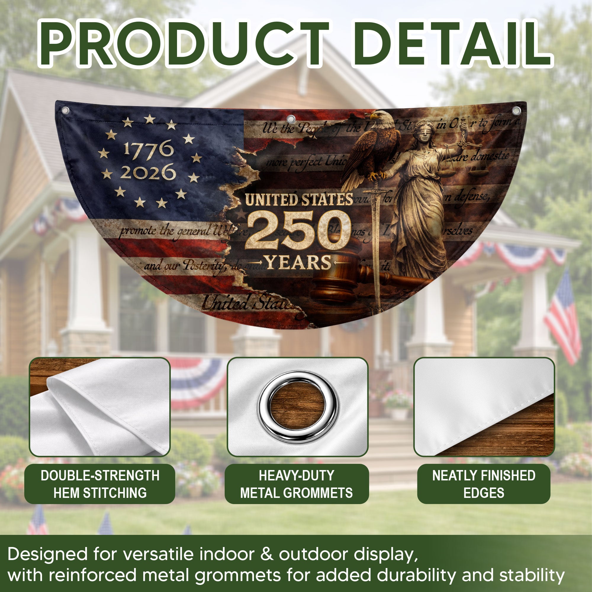 America 250 Years Fence Flag 1776 to 2026 Patriotic Eagle Lady Justice Outdoor Yard Decor