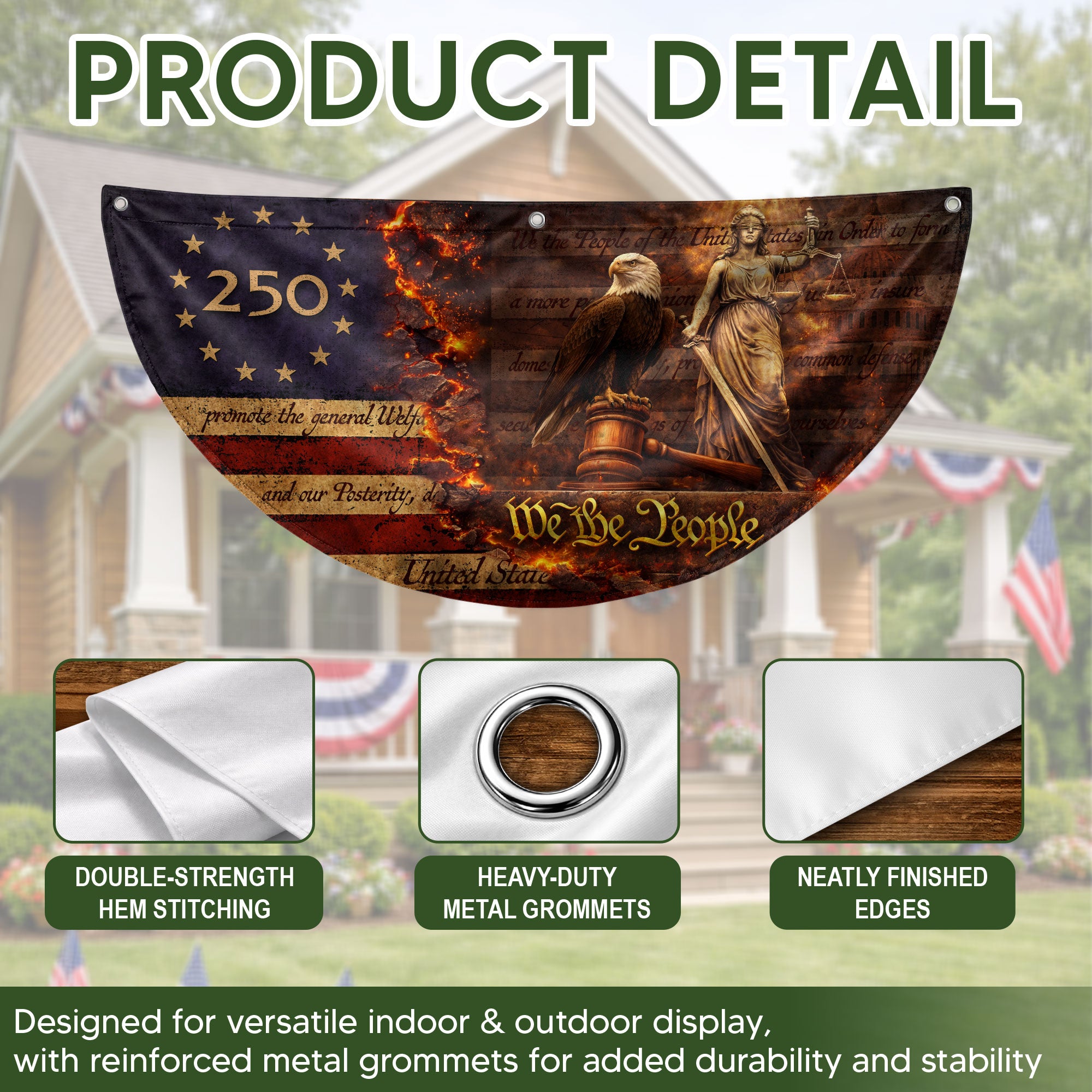 We The People 250 Fence Flag Patriotic Eagle Lady Justice 1776 to 2026 Outdoor Yard Decor