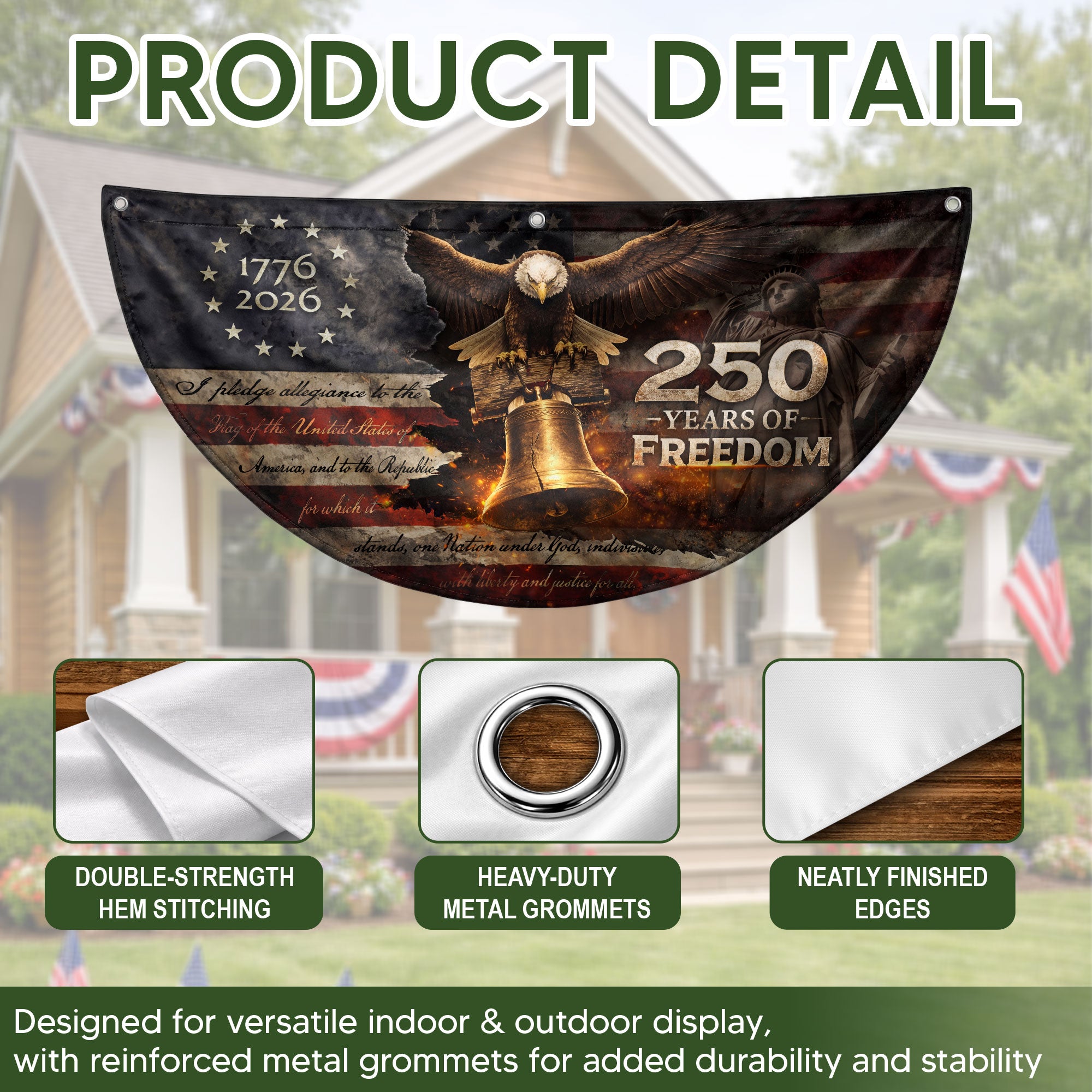 American 250 Year Fence Flag 1776 to 2026 Freedom Eagle Bell Patriotic Outdoor Decor