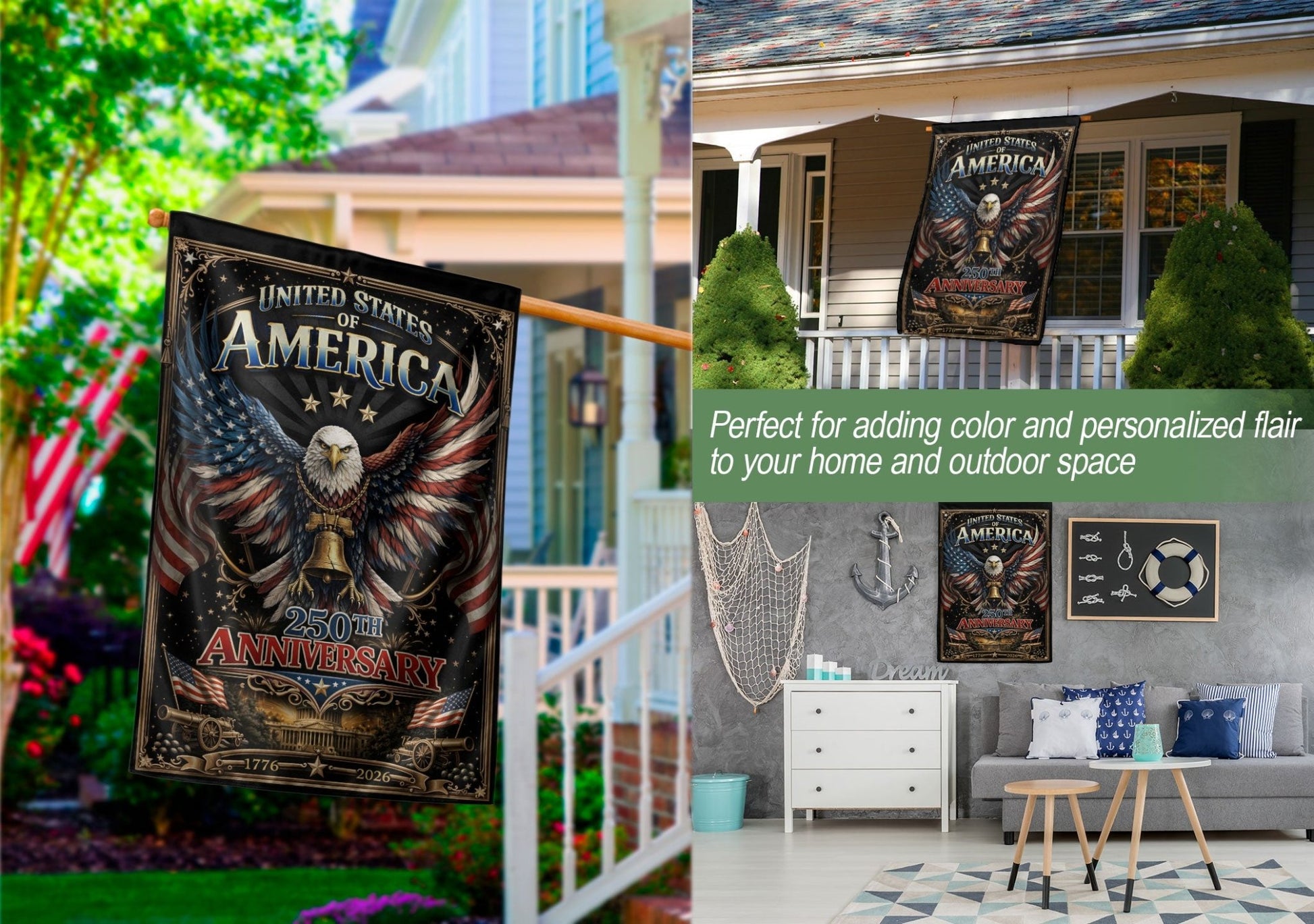 250th Anniversary United States Decorative House Flag - Eagle and Liberty Bell Design - Rust Field Wear