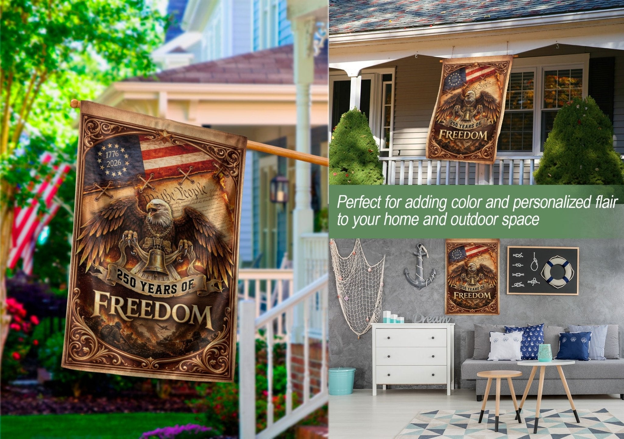 250th Anniversary House Flag 1776-2026 Eagle Freedom Patriotic Outdoor Banner - Rust Field Wear
