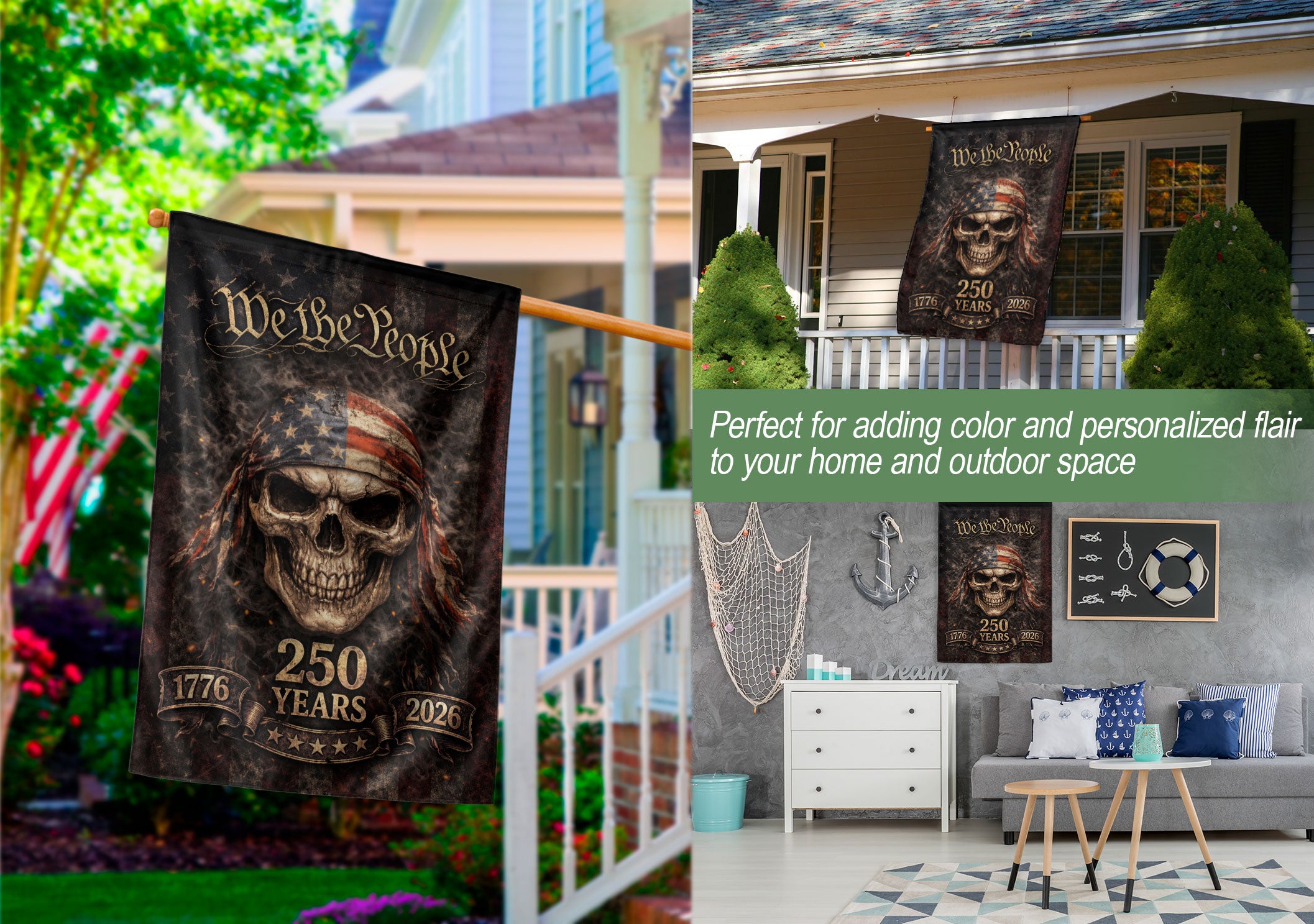 250th Anniversary House Flag - We The People Patriotic Skull Banner Home Decoration