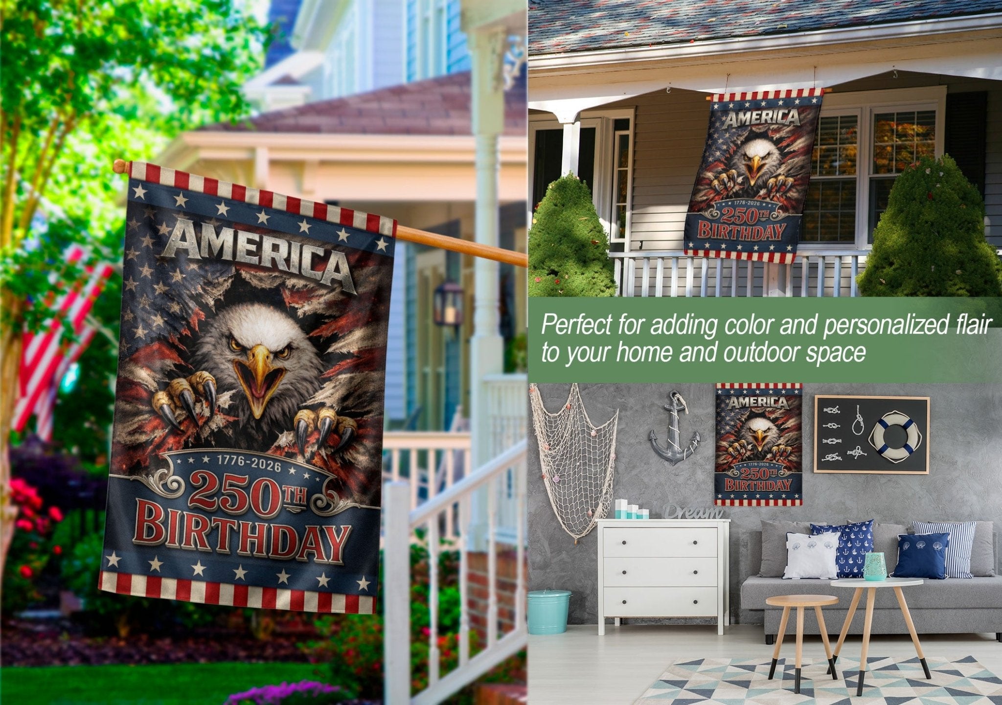 250th Birthday United States House Flag - Fierce Eagle Patriotic Banner Home Decor - Rust Field Wear