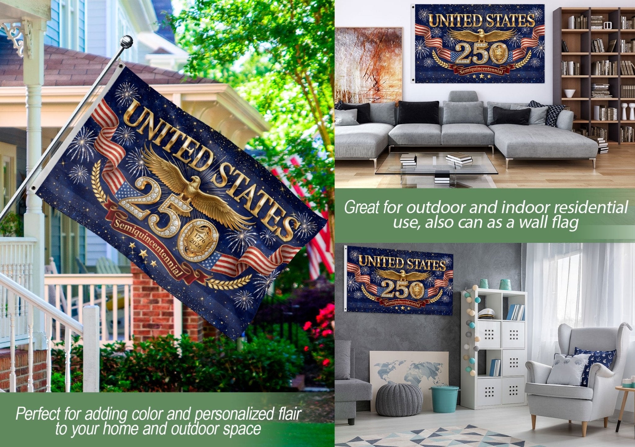 Gold Eagle Fireworks Patriotic American Luxury Banner Flag US 1776 2026 Anniversary 3x5ft - Rust Field Wear