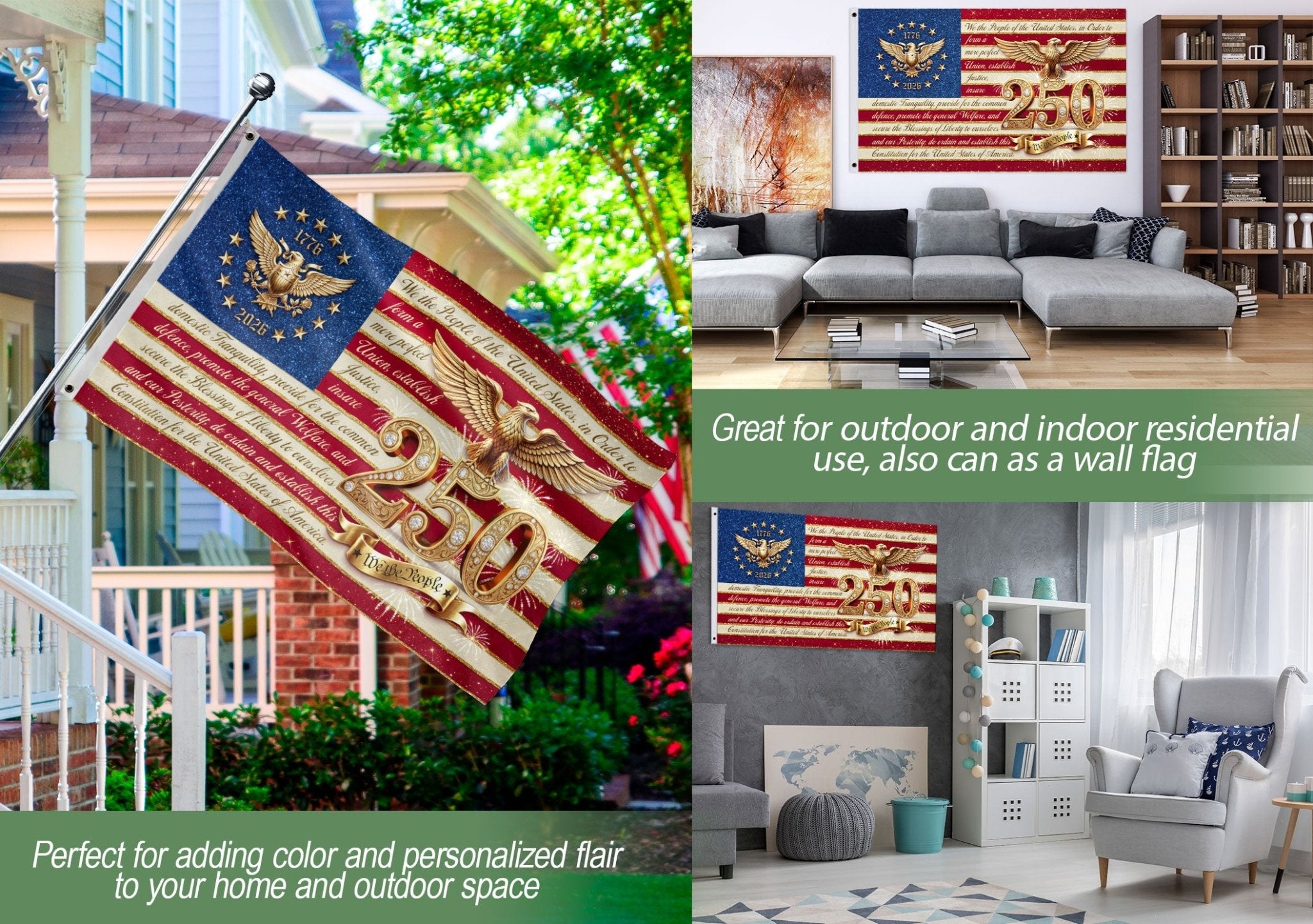 USA 250 Years Patriotic Flag - Golden Eagle & Diamond Constitution Banner 1776-2026 - Rust Field Wear