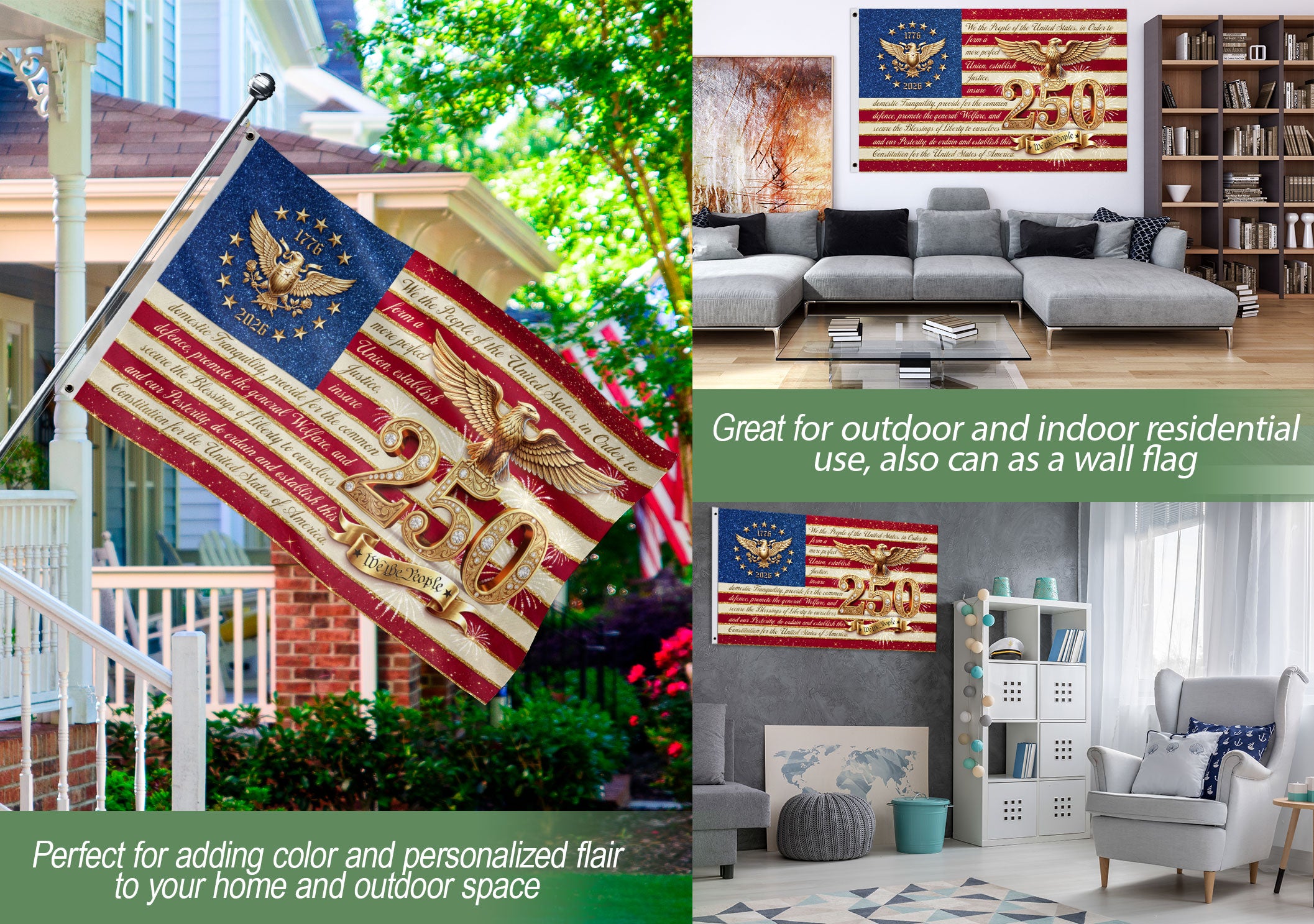 USA 250 Years Patriotic Flag - Golden Eagle & Diamond Constitution Banner 1776-2026