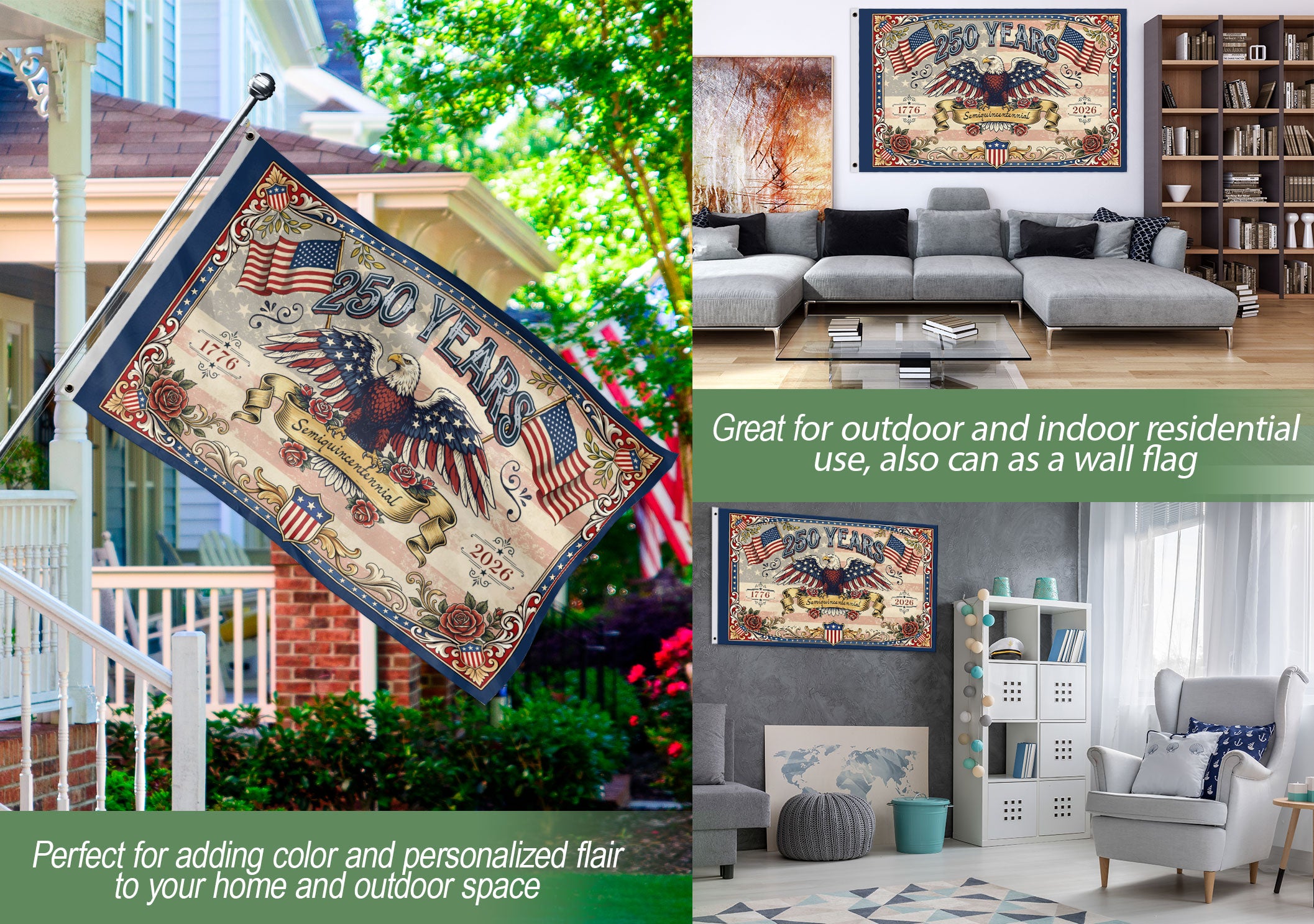 USA 250 Years Commemorative Flag - Vintage Eagle and Roses Patriotic Outdoor Banner