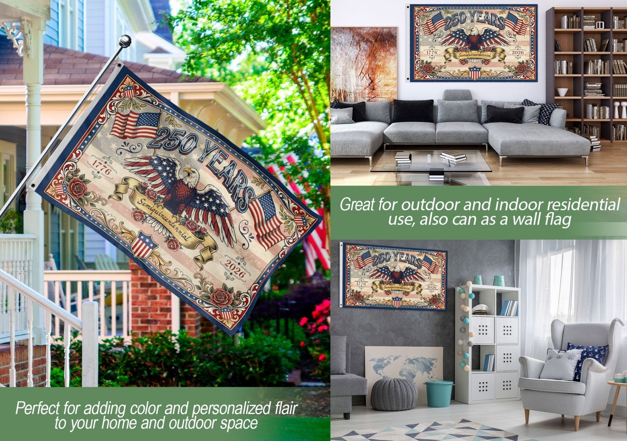 USA 250 Years Commemorative Flag - Vintage Eagle and Roses Patriotic Outdoor Banner - Rust Field Wear