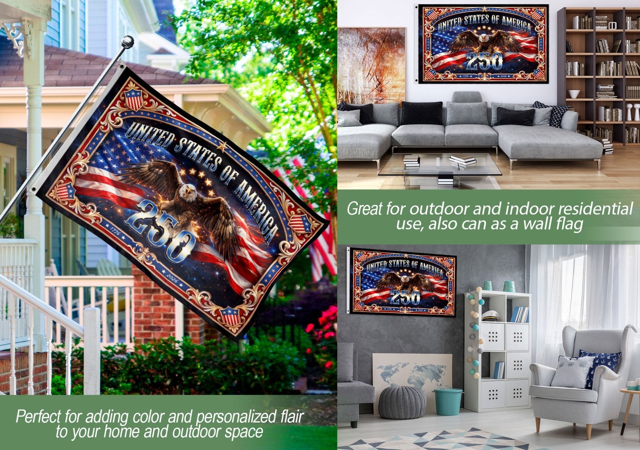USA 250 Years Patriotic Flag - Majestic Bald Eagle & Stars Outdoor Banner 1776-2026 - Rust Field Wear