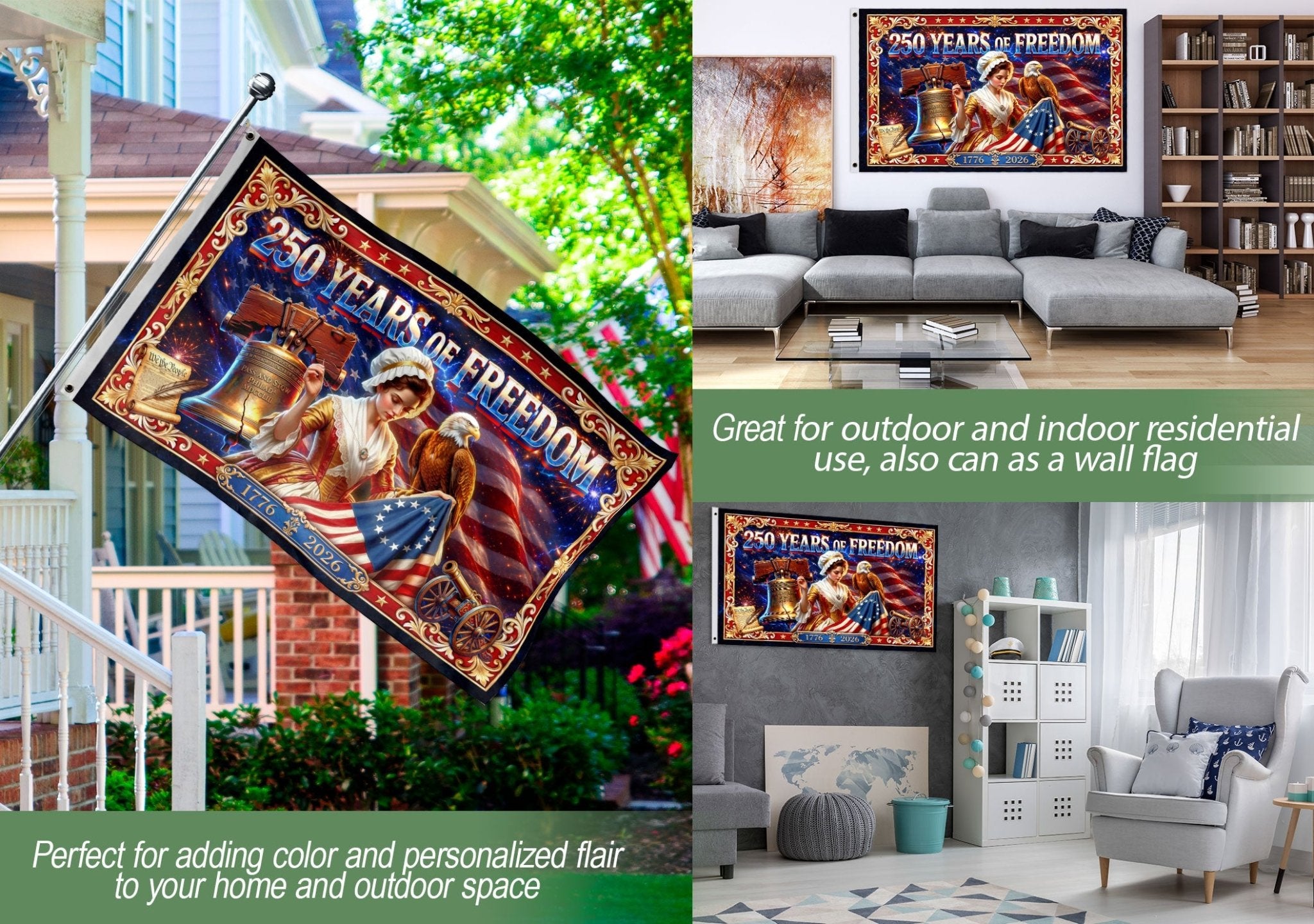 USA 250 Years of Freedom Flag - Betsy Ross & Liberty Bell Patriotic Banner 1776-2026 - Rust Field Wear
