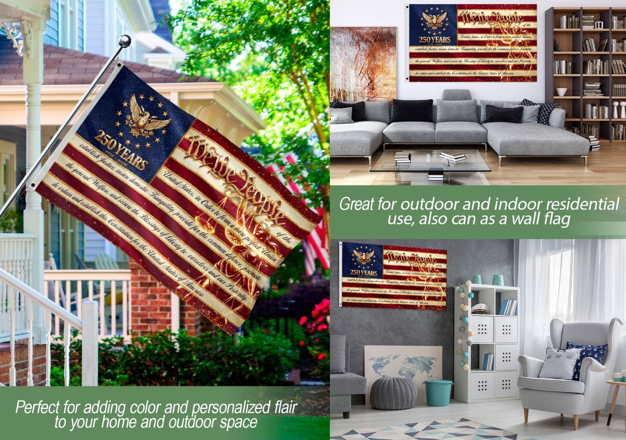 250 Years 1776-2026 American Flag We The People Constitution Preamble Lady Justice Banner - Rust Field Wear
