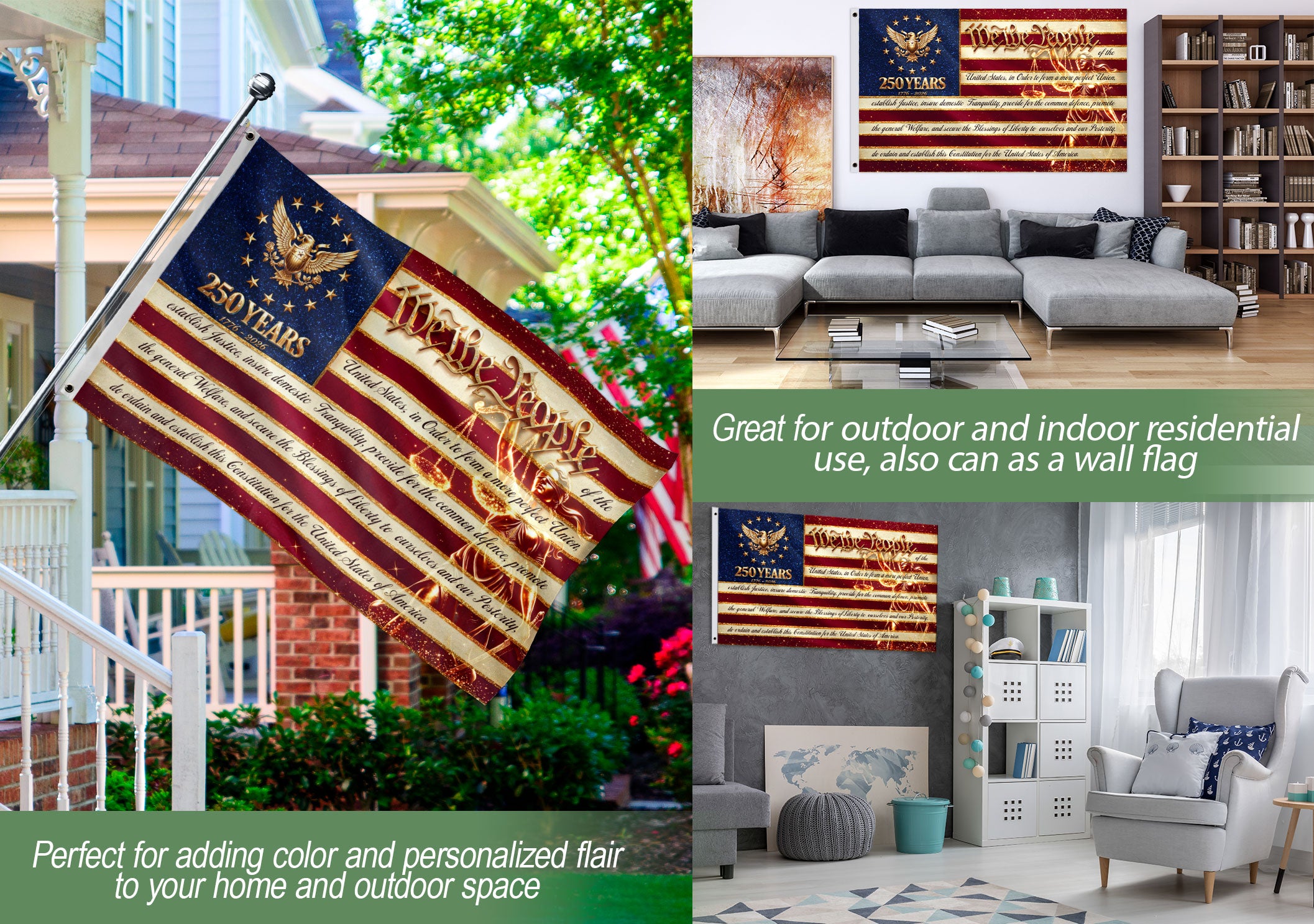 250 Years 1776-2026 American Flag We The People Constitution Preamble Lady Justice Banner