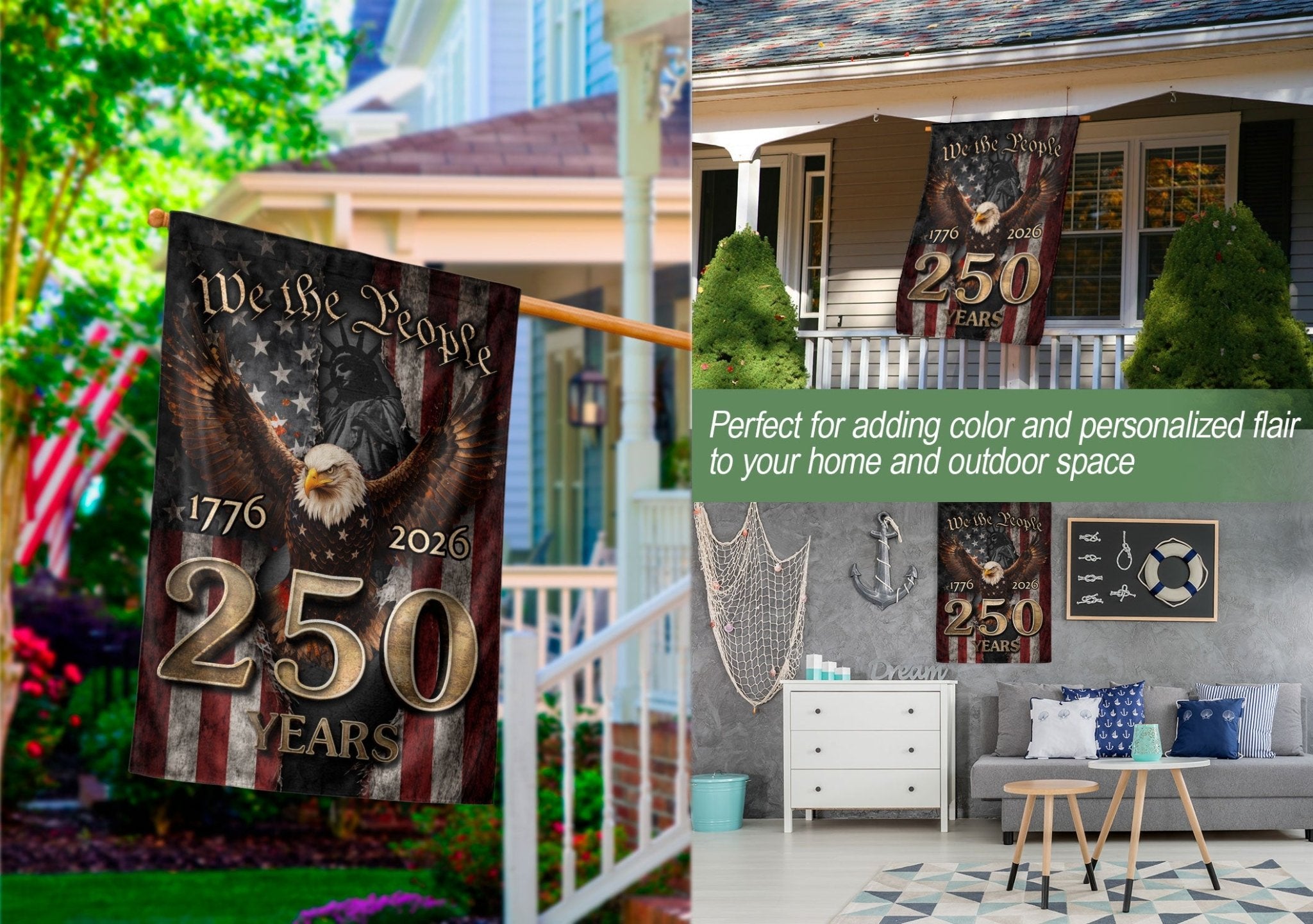 1776-2026 U.S. 250th Anniversary We The People House Flag Bald Eagle Statue of Liberty - Rust Field Wear