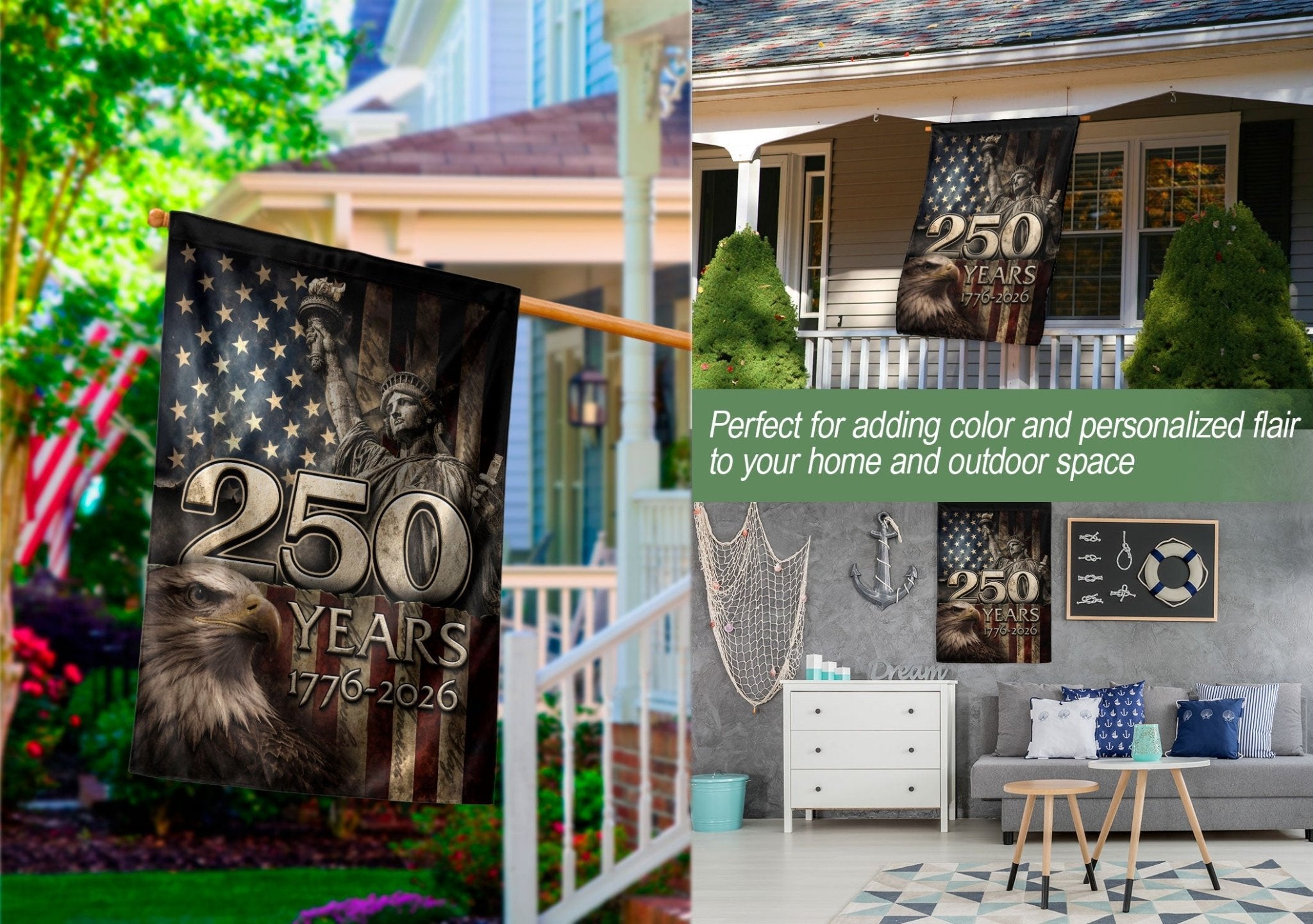 1776-2026 Anniversary House Flag 250 Years of Liberty Statue & Bald Eagle Banner - Rust Field Wear