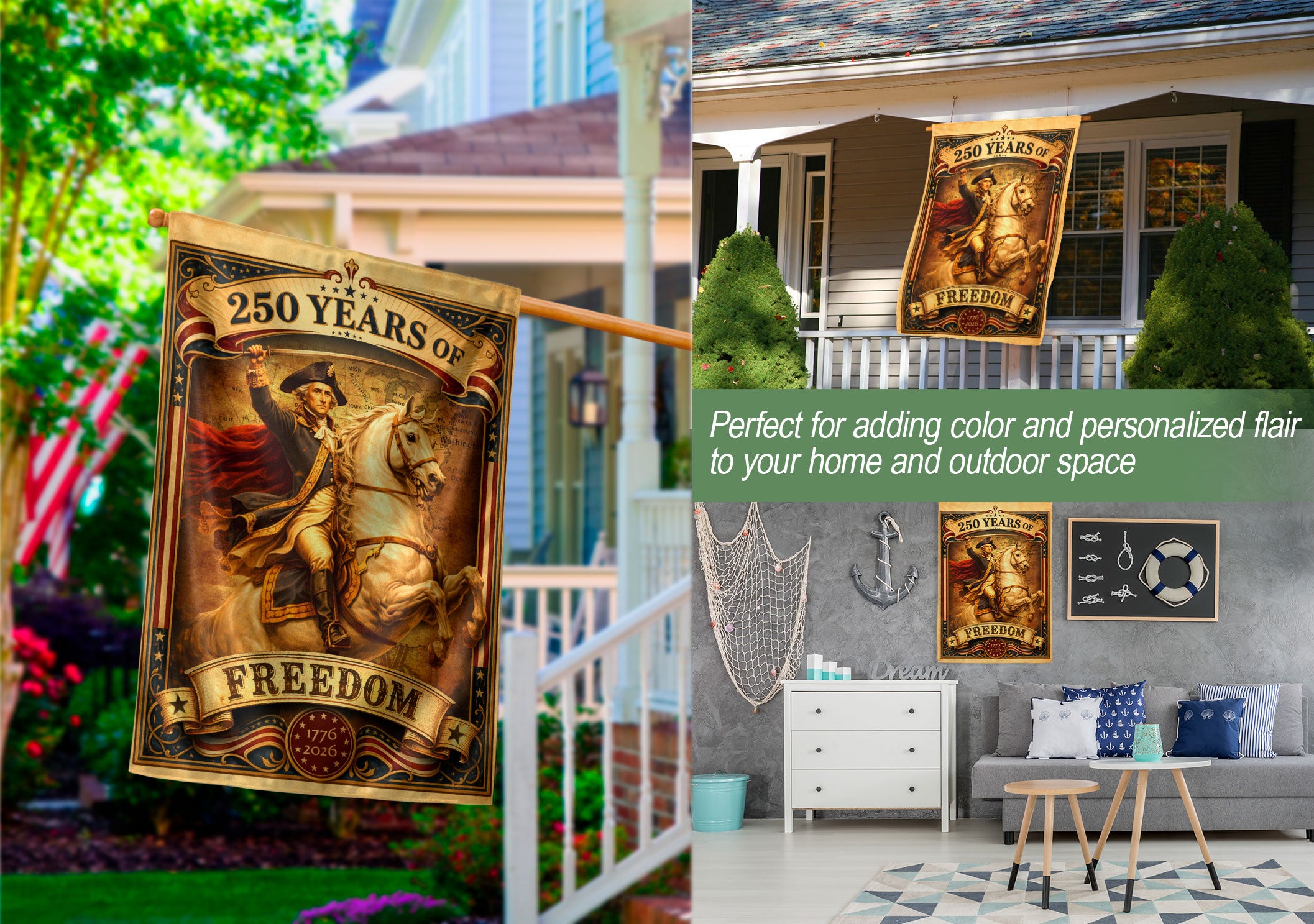250 Years of Freedom House Flag 1776-2026 George Washington Patriotic Banner