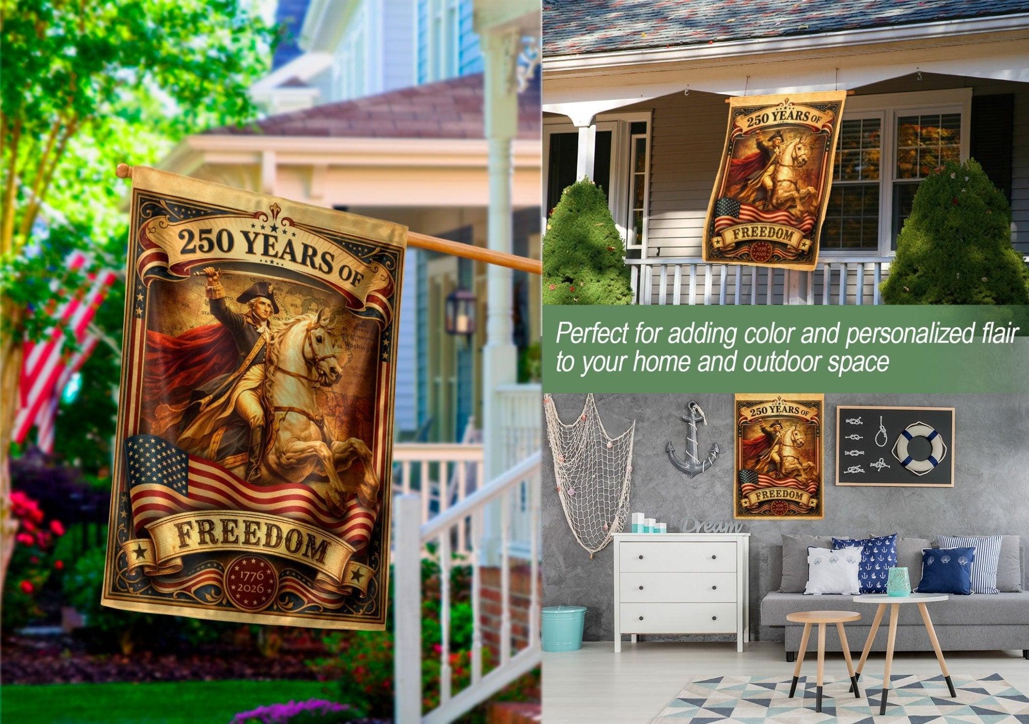 250 Years of Freedom House Flag 1776-2026 George Washington Patriotic Banner - Rust Field Wear