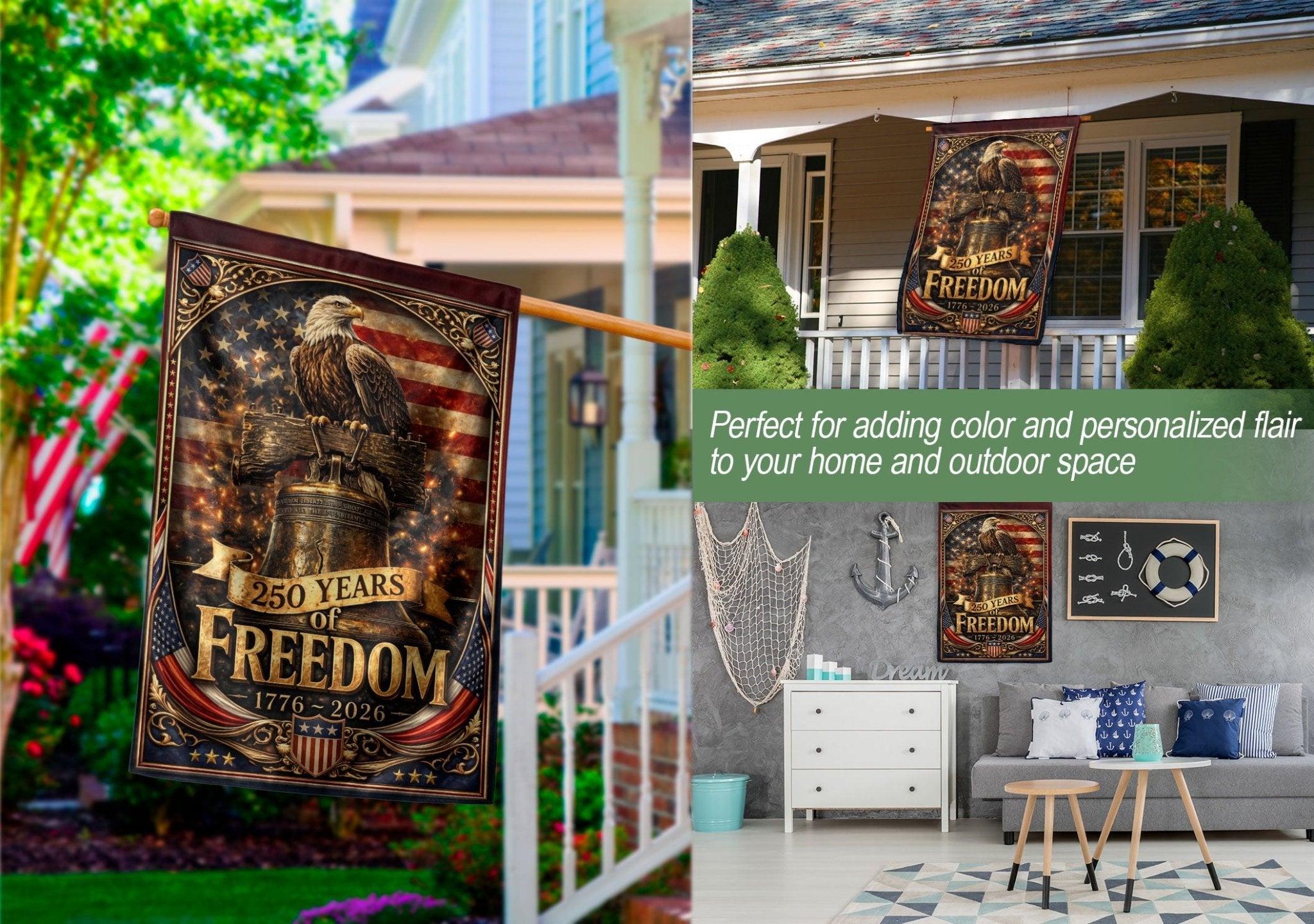 250 Years of Freedom House Flag 1776-2026 Liberty Bell & Eagle Patriotic Banner - Rust Field Wear