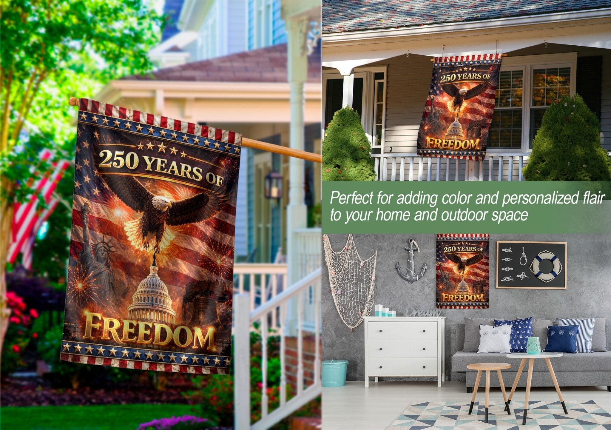 250 Years of Freedom House Flag 1776-2026 Patriotic Eagle Capitol Liberty Bell - Rust Field Wear