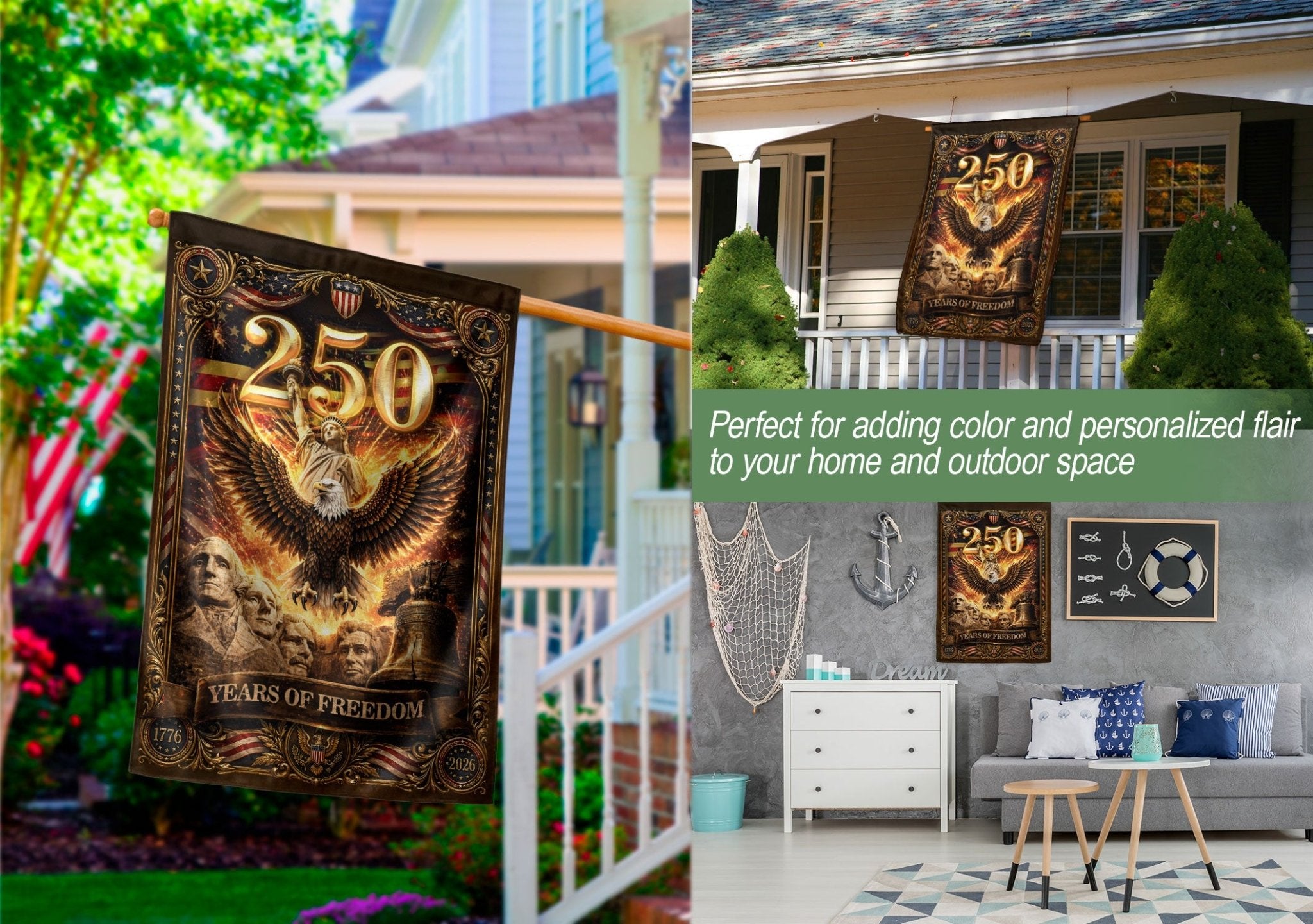 250 Years of Freedom House Flag 1776-2026 Patriotic Statue of Liberty Eagle - Rust Field Wear