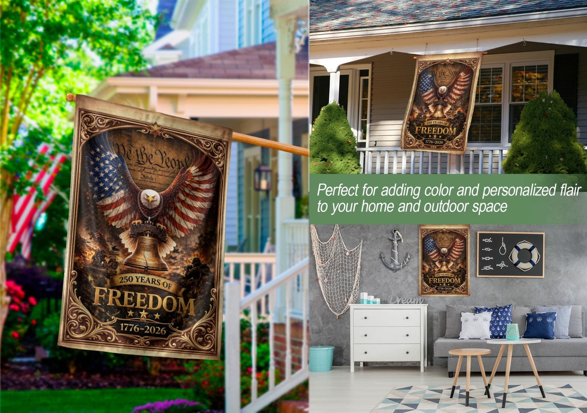 USA 250 Years of Freedom House Flag - Patriotic Eagle & Liberty Bell Outdoor Banner - Rust Field Wear