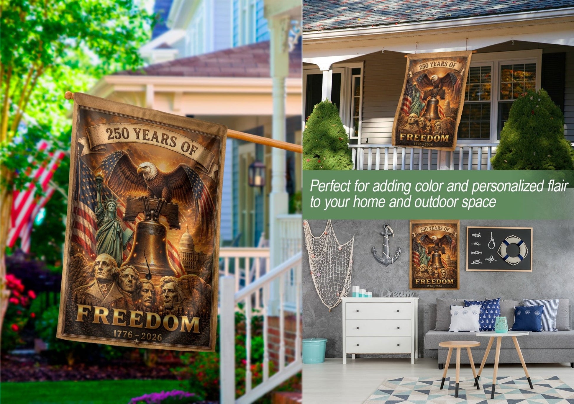 250th Anniversary Garden Flag - United States 1776-2026 Historic Icons Yard Decor - Rust Field Wear