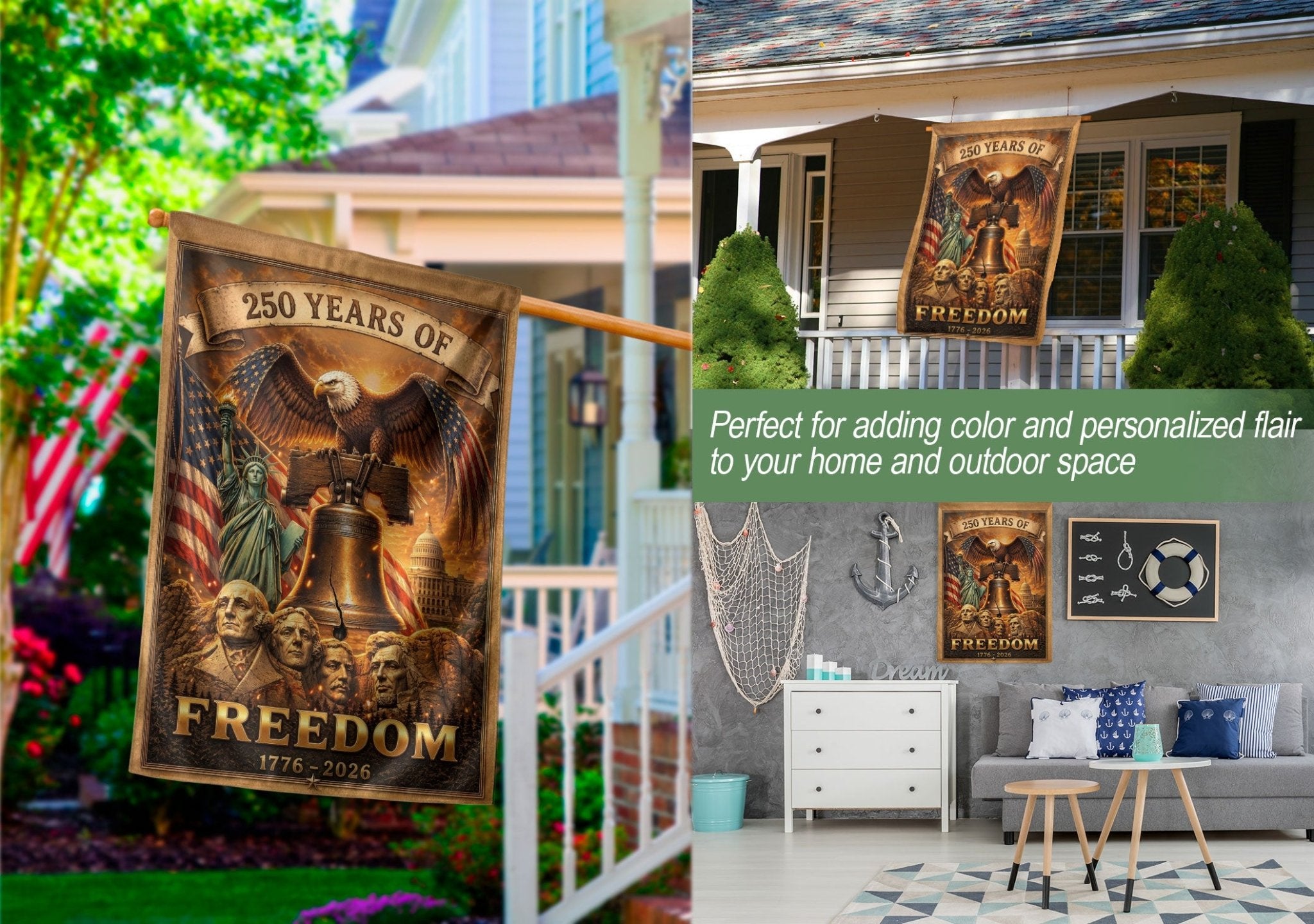 USA 250 Years of Freedom House Flag - Mt. Rushmore & Liberty Icons Patriotic Banner - Rust Field Wear