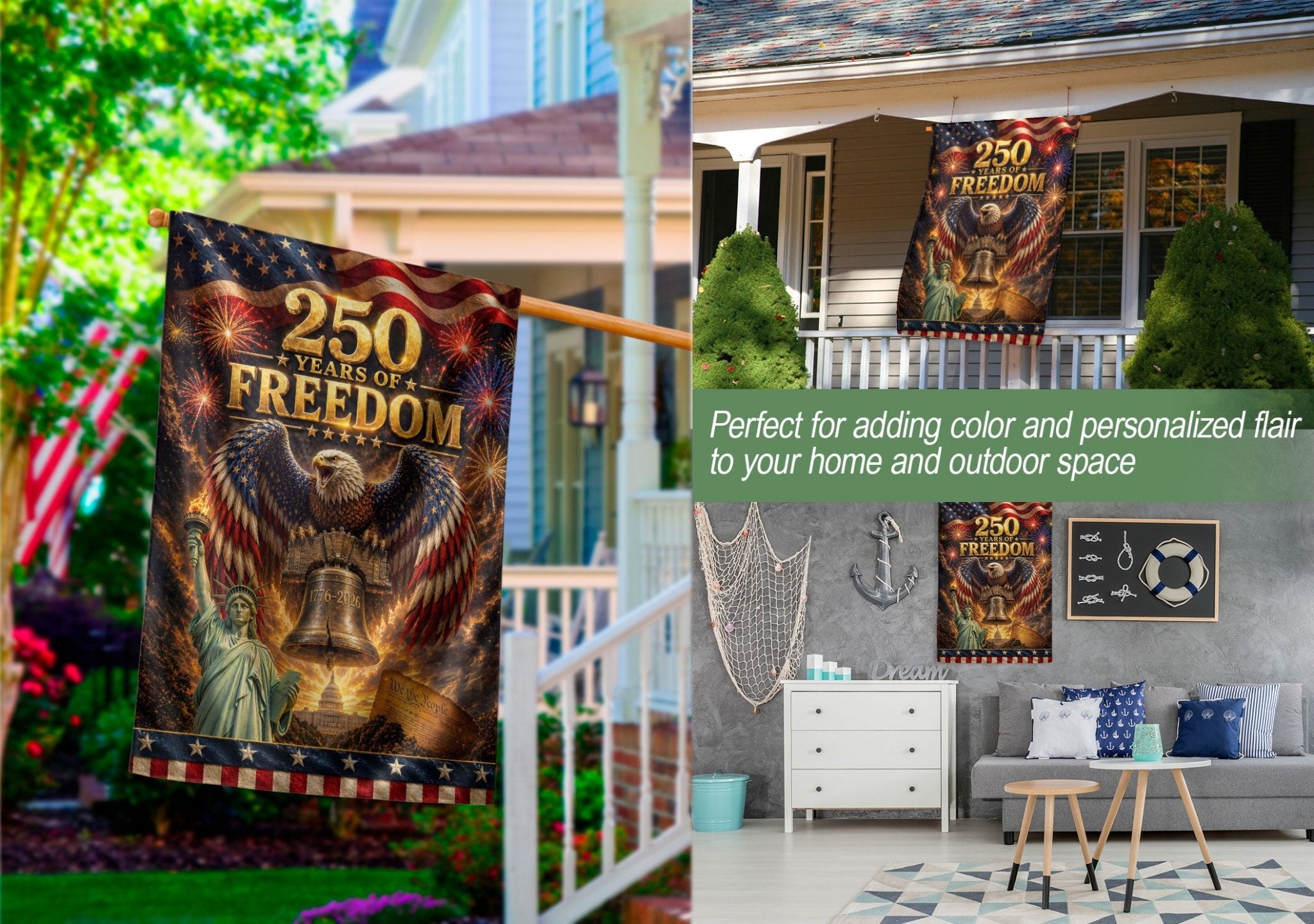 250th Anniversary Garden Flag - Majestic Patriotic Icons & Fireworks Yard Banner - Rust Field Wear