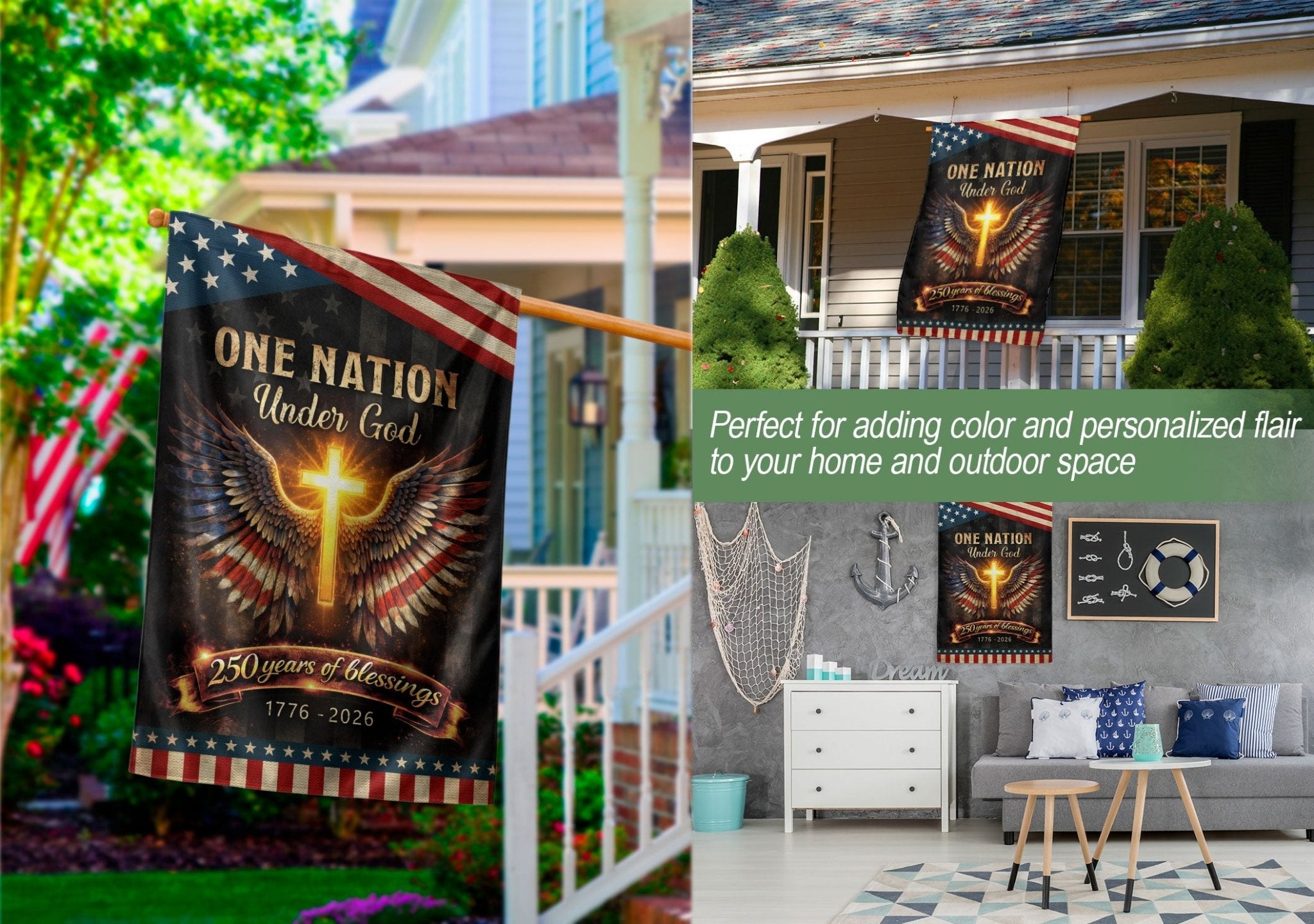 250th Anniversary House Flag One Nation Under God Cross Patriotic Banner 1776-2026 - Rust Field Wear