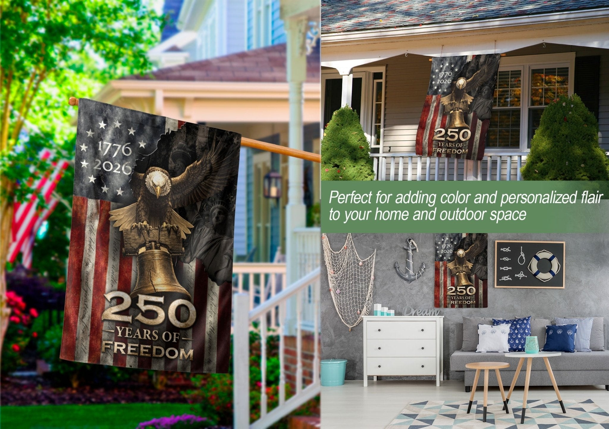250th Anniversary House Flag - United States Eagle and Liberty Bell Patriotic Banner - Rust Field Wear