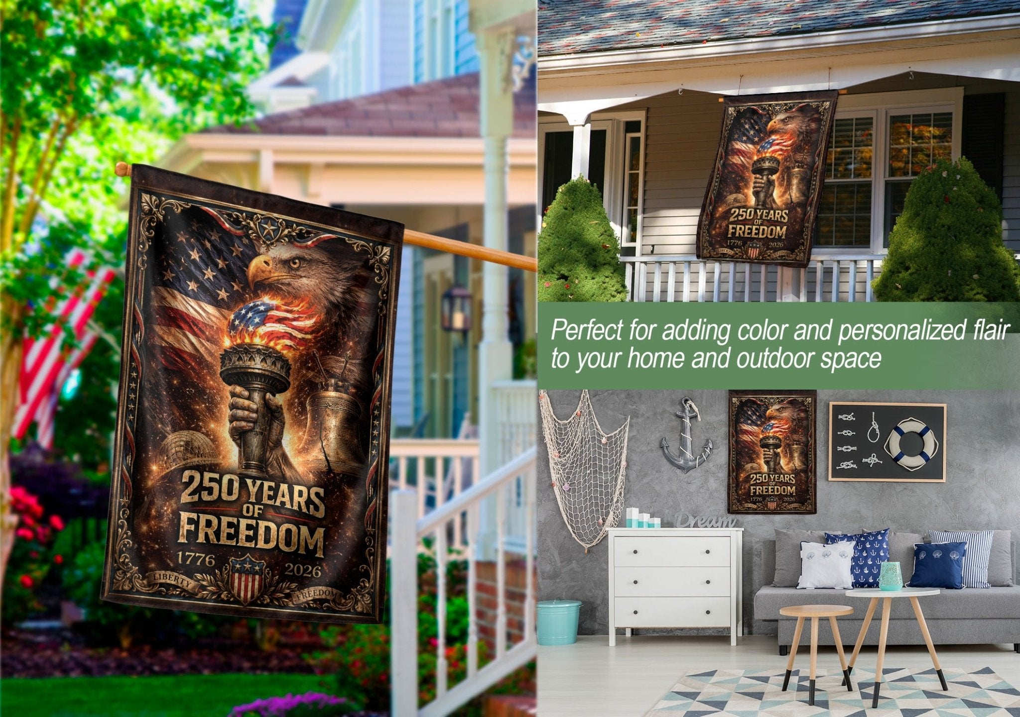 250th Anniversary United States House Flag - Liberty Torch Patriotic Home Decor Banner - Rust Field Wear