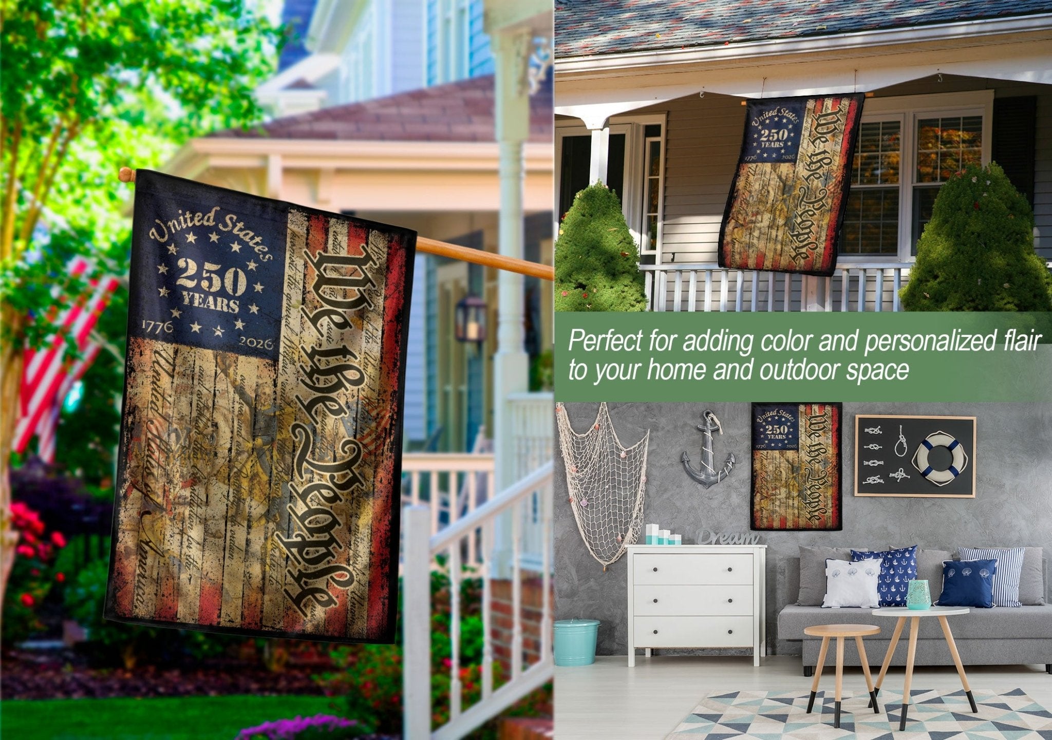 250th Anniversary United States House Flag - Vintage Constitution Patriotic Home Banner - Rust Field Wear
