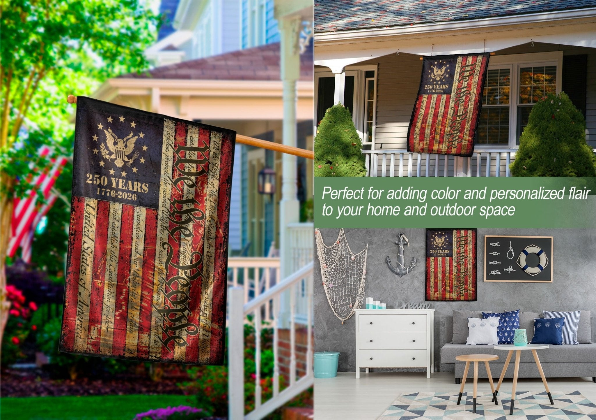 United States 250 Years House Flag - We The People Patriotic Large Home Banner 1776-2026 - Rust Field Wear