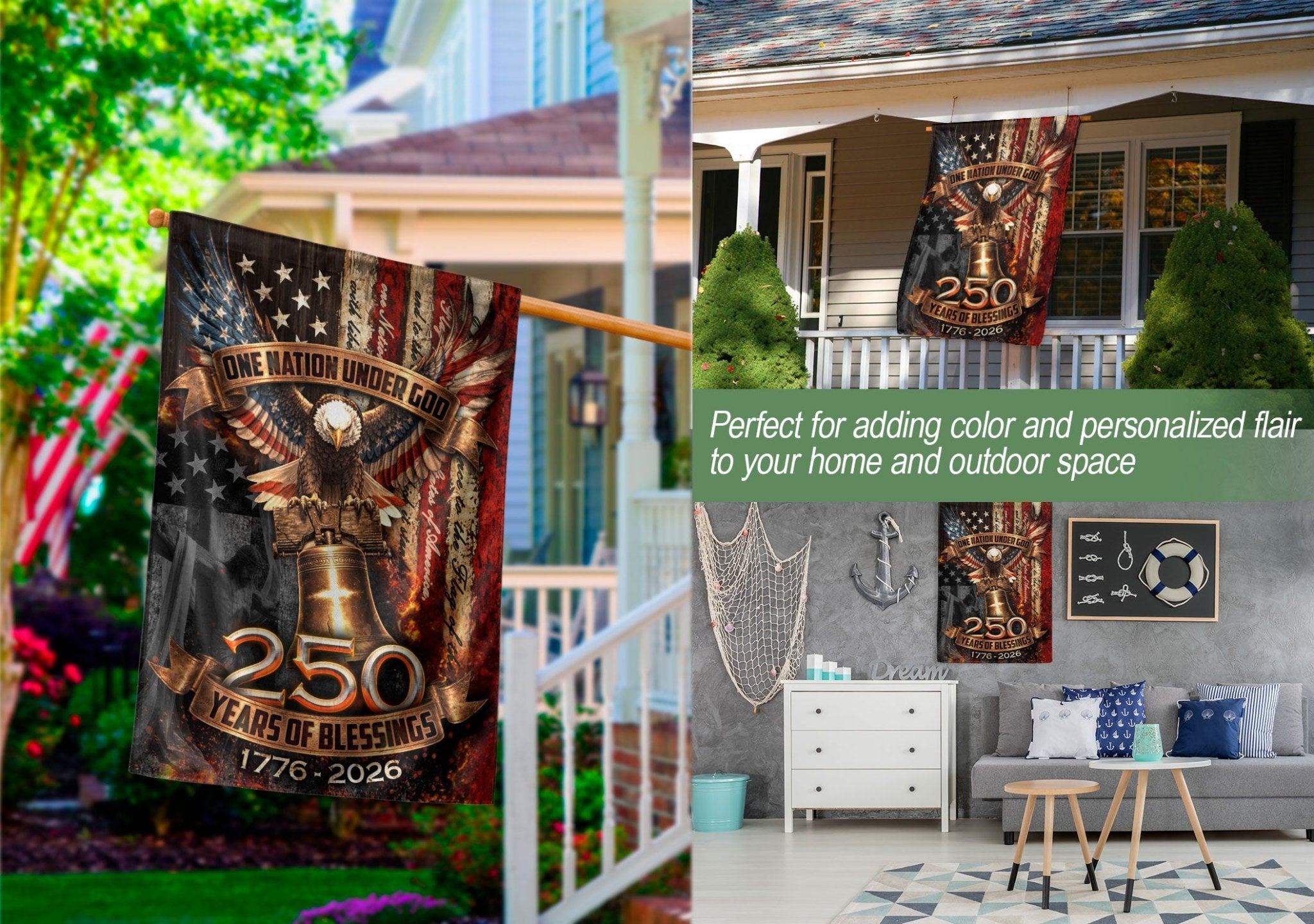 250 Years Garden Flag Eagle Liberty Bell Cross One Nation Under God Decor 1776-2026 - Rust Field Wear