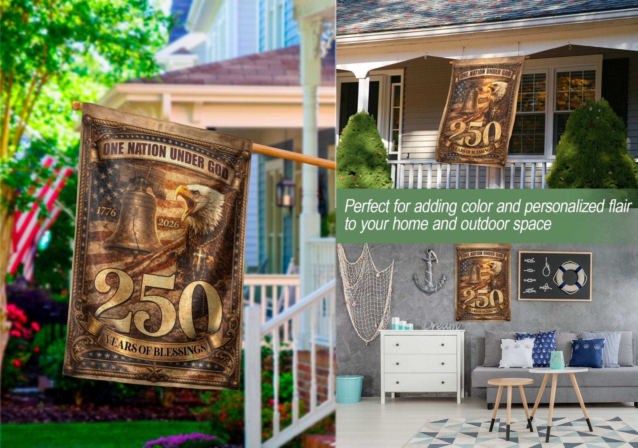 1776-2026 Anniversary Garden Flag 250 Years of Blessings One Nation Under God Eagle - Rust Field Wear