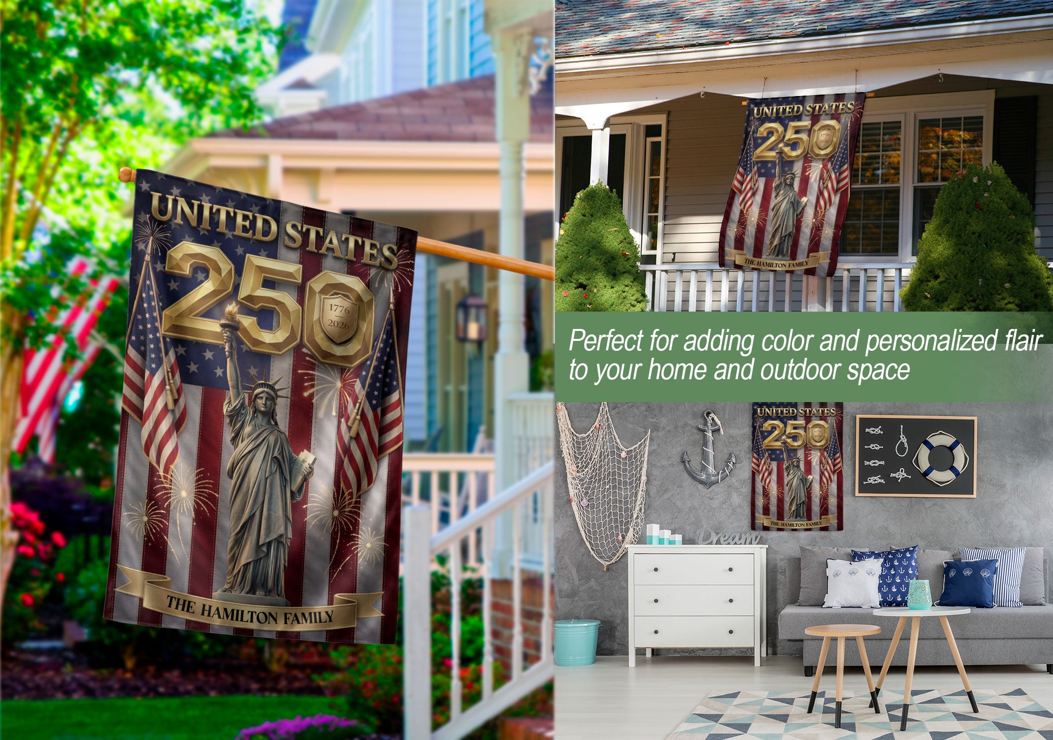 Custom Family Name United States 250 Years Statue of Liberty Patriot Garden Flag Banner