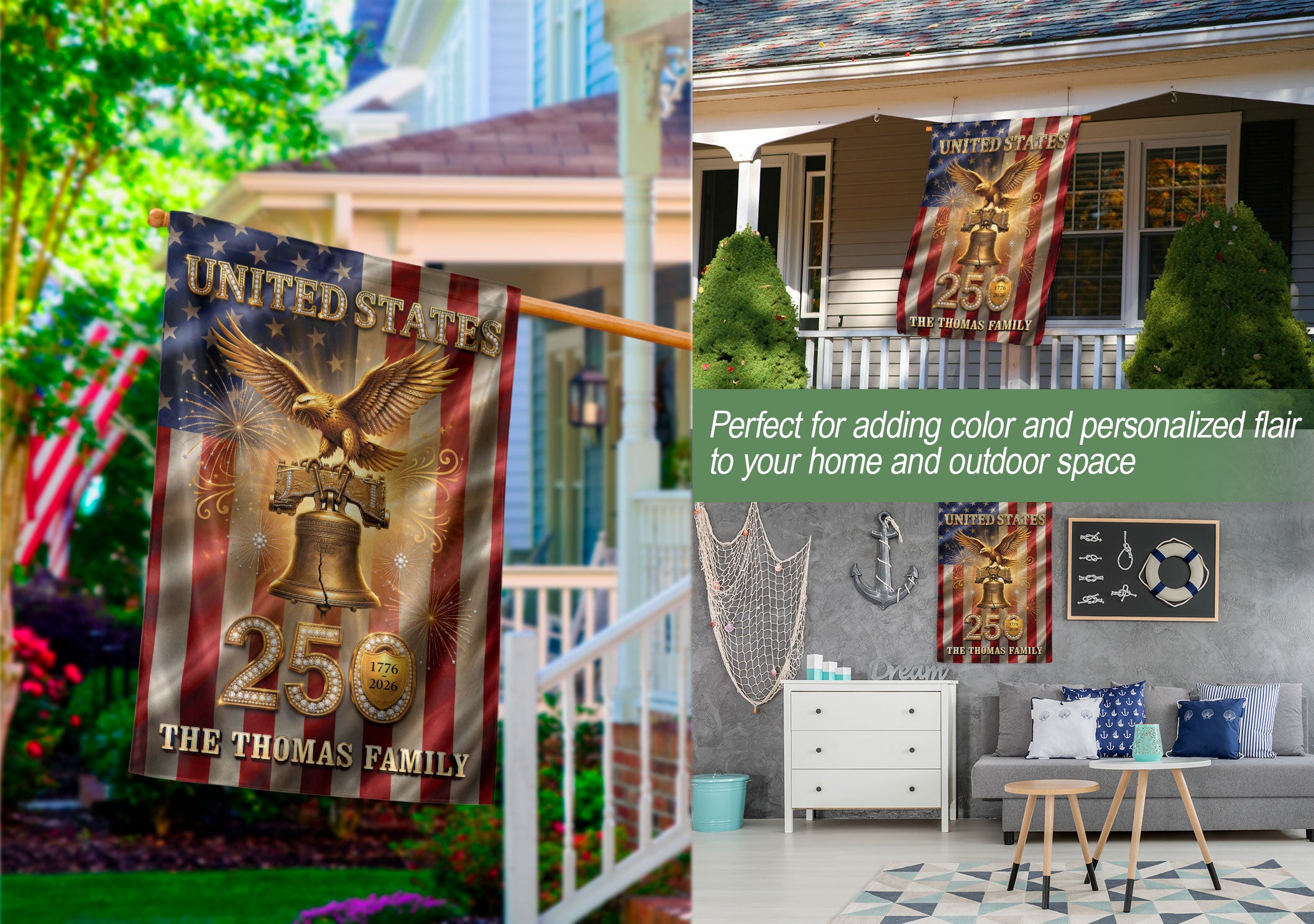 Custom Family Name United States 250 Years Liberty Bell Patriot Eagle Garden Flag
