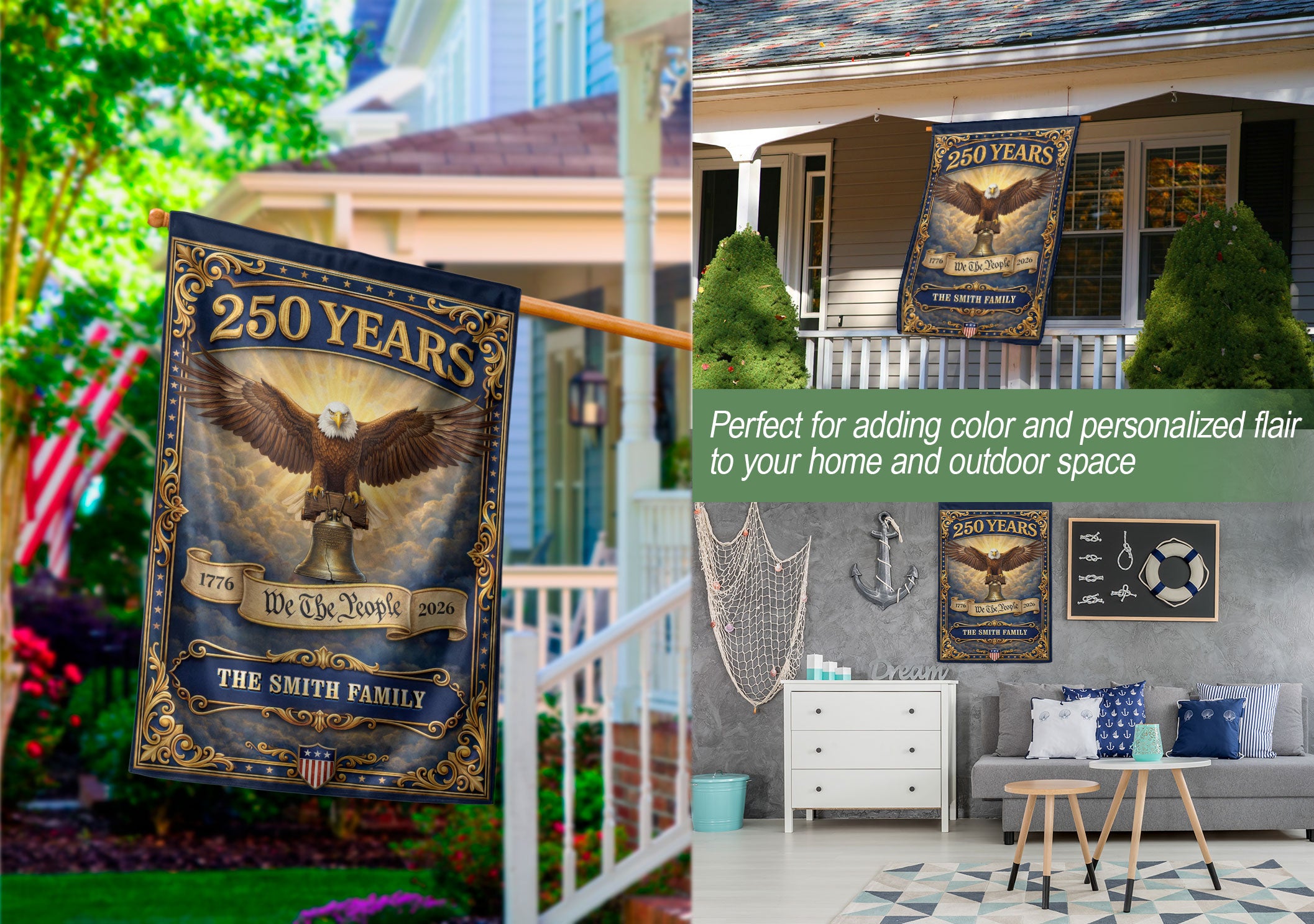 250 Years 1776-2026 Custom Family Name We The People Liberty Bell Patriot Eagle Garden Flag