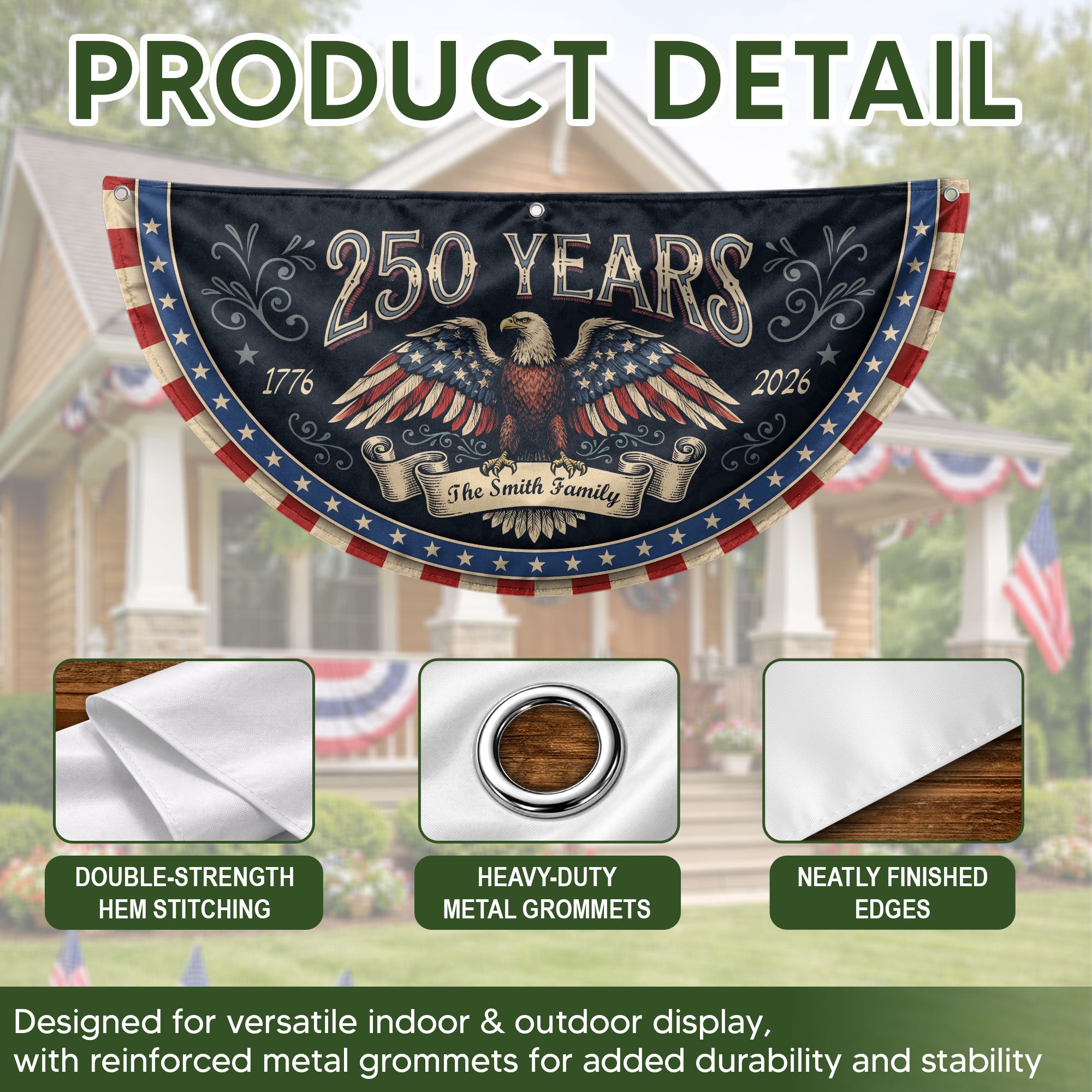 250 Years 1776-2026 Patriotic Fence Flag - Custom Family Name Eagle Outdoor Banner