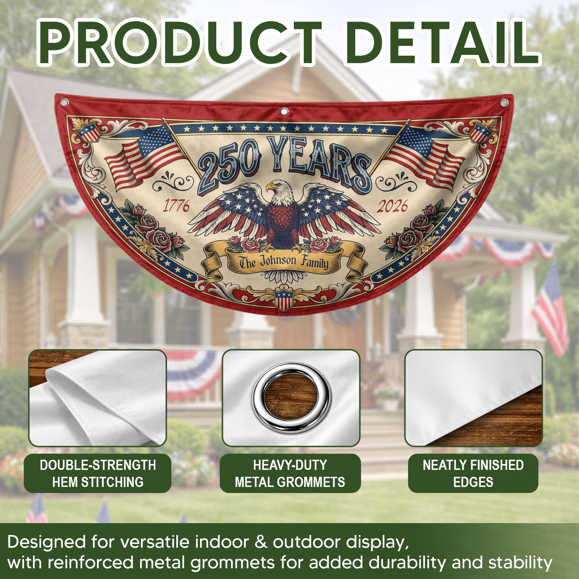 250 Years 1776-2026 American Anniversary Fence Flag - Custom Family Name Patriot Bunting
