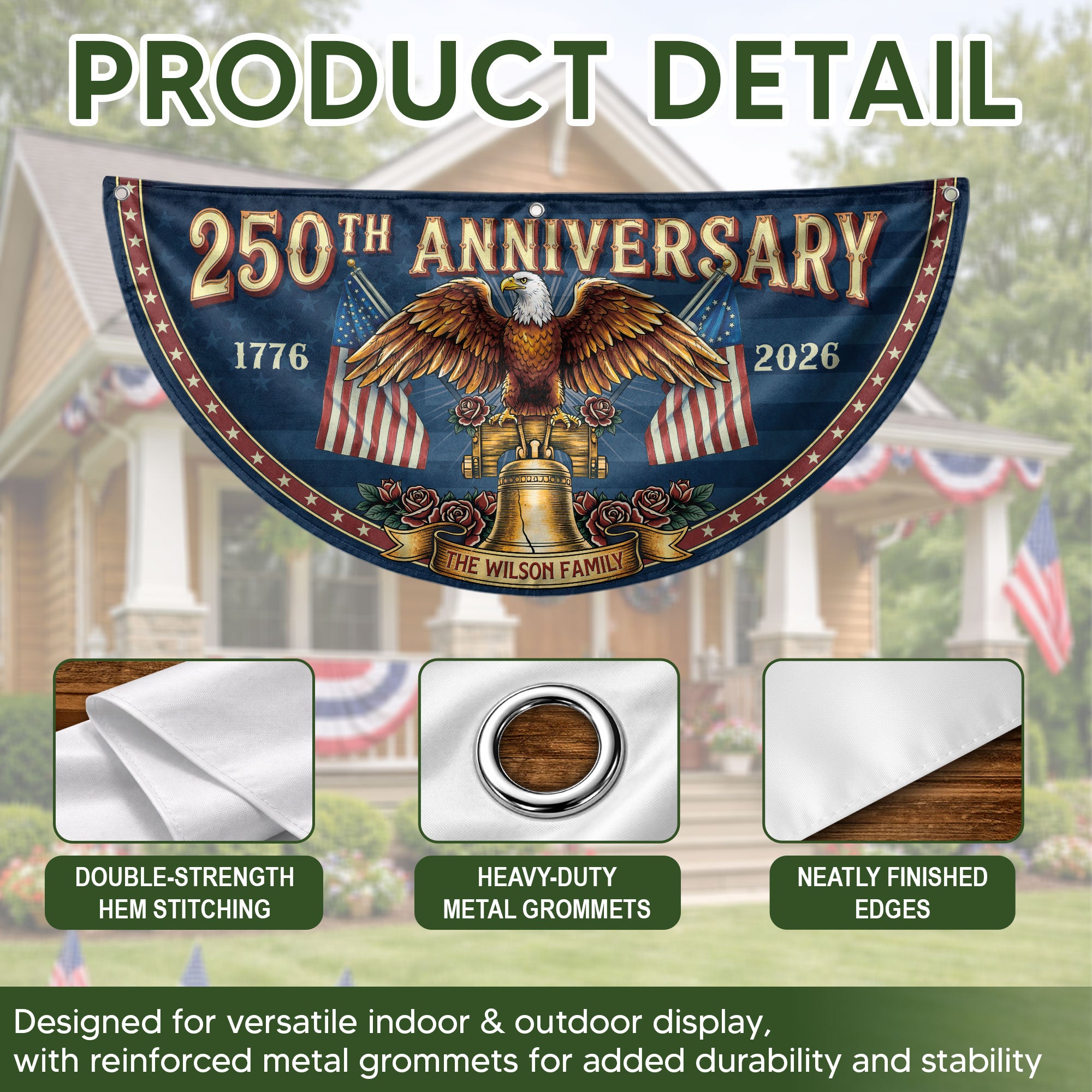 250th Anniversary 1776-2026 Liberty Bell Custom Family Name Patriot Fence Flag Banner