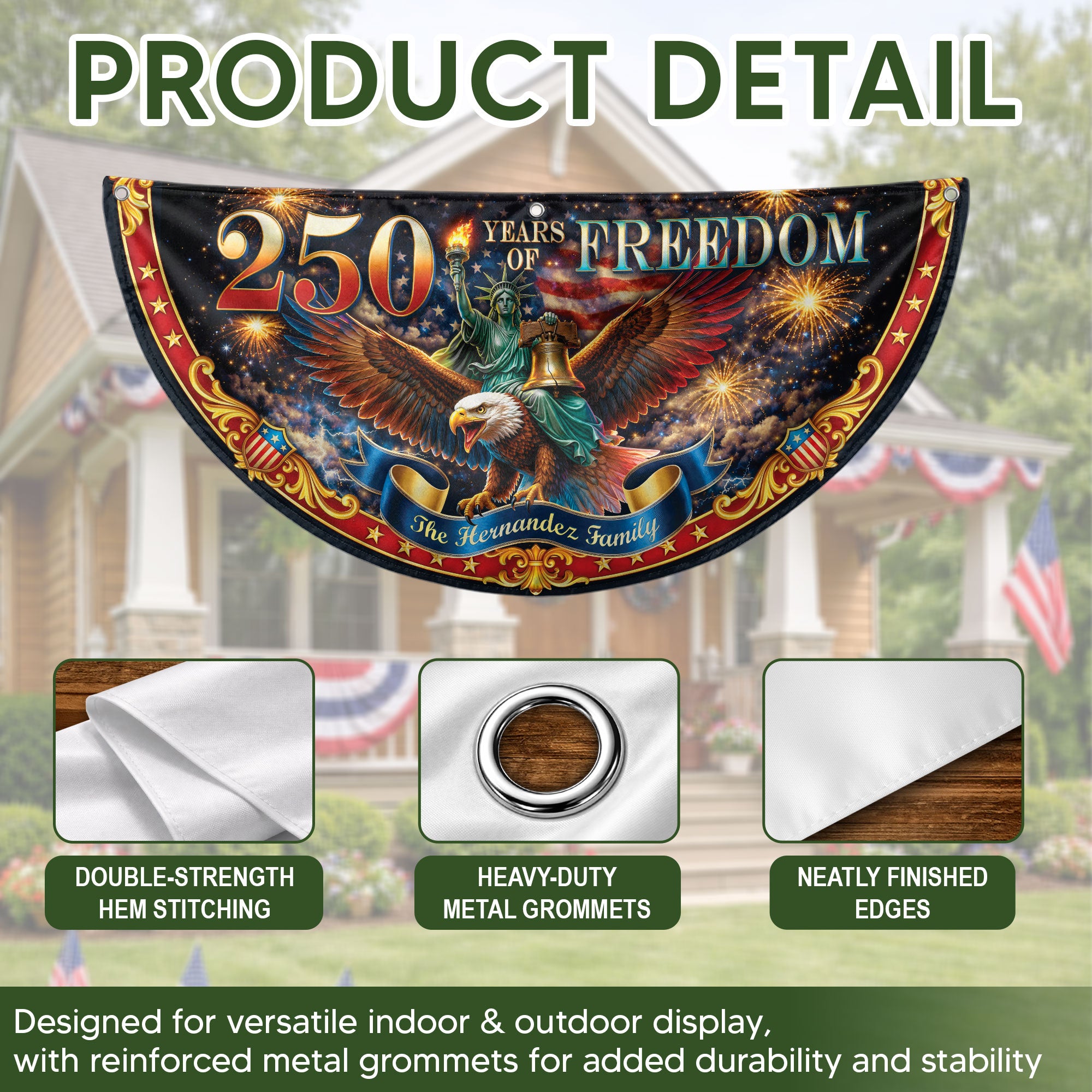 250 Years of Freedom Custom Family Name Patriot Fence Flag - Outdoor Bunting Banner