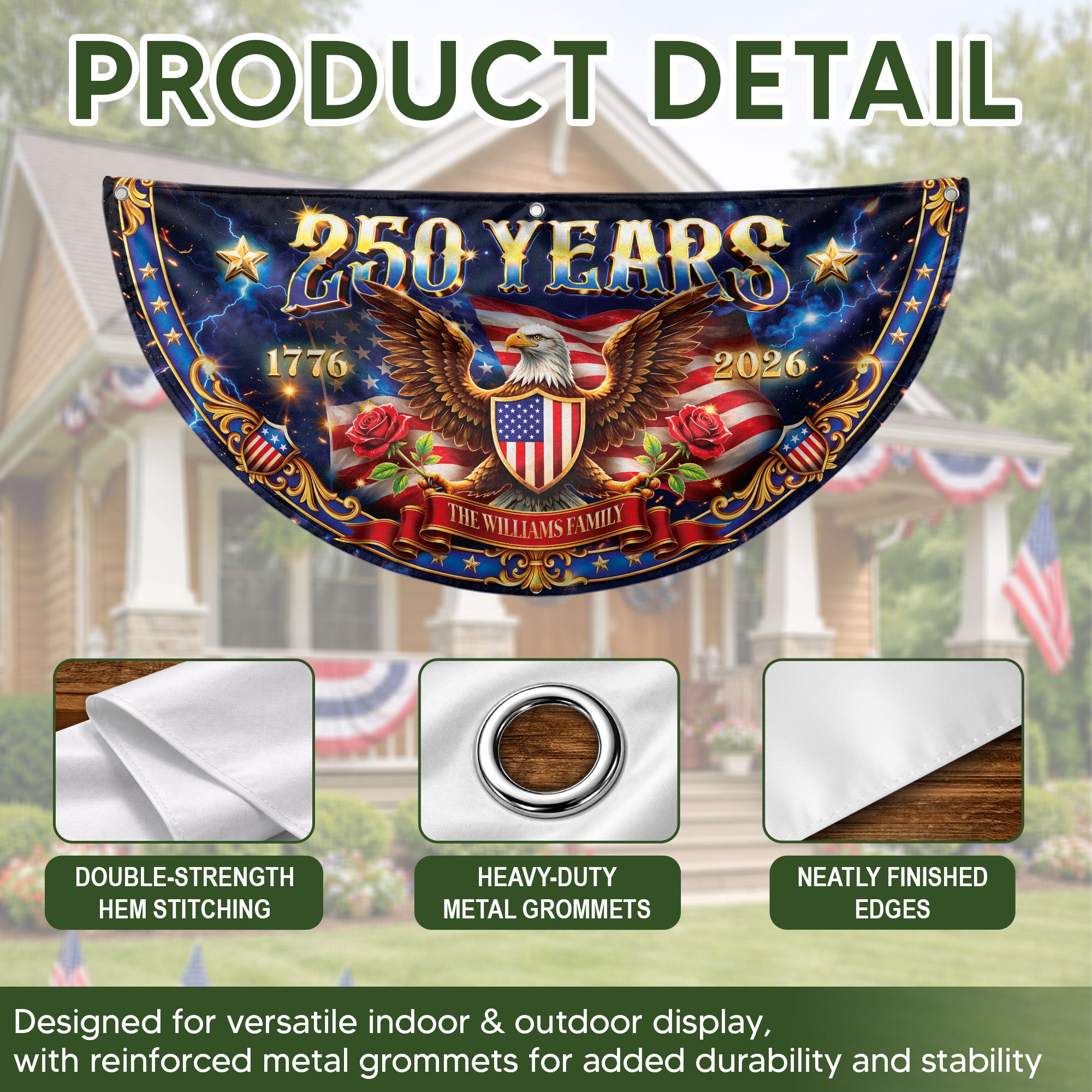250 Years 1776-2026 Custom Family Name Patriot Eagle Shield Fence Flag Bunting Banner